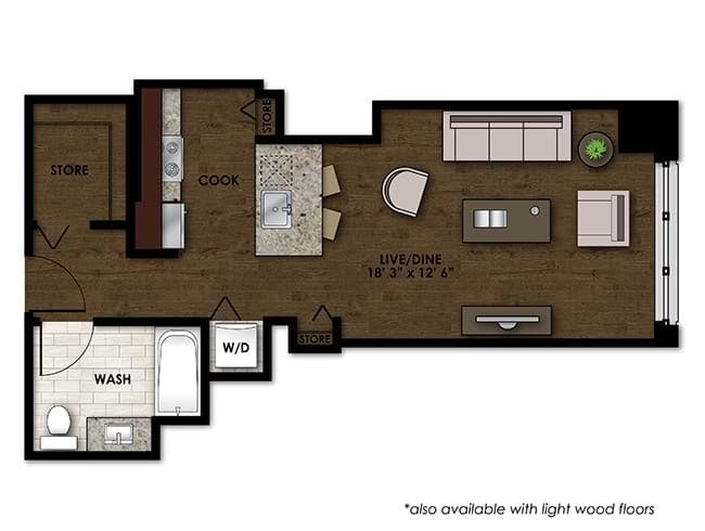 E100 floor plan, Studio, 1 Bathroom at AMLI River North apartments