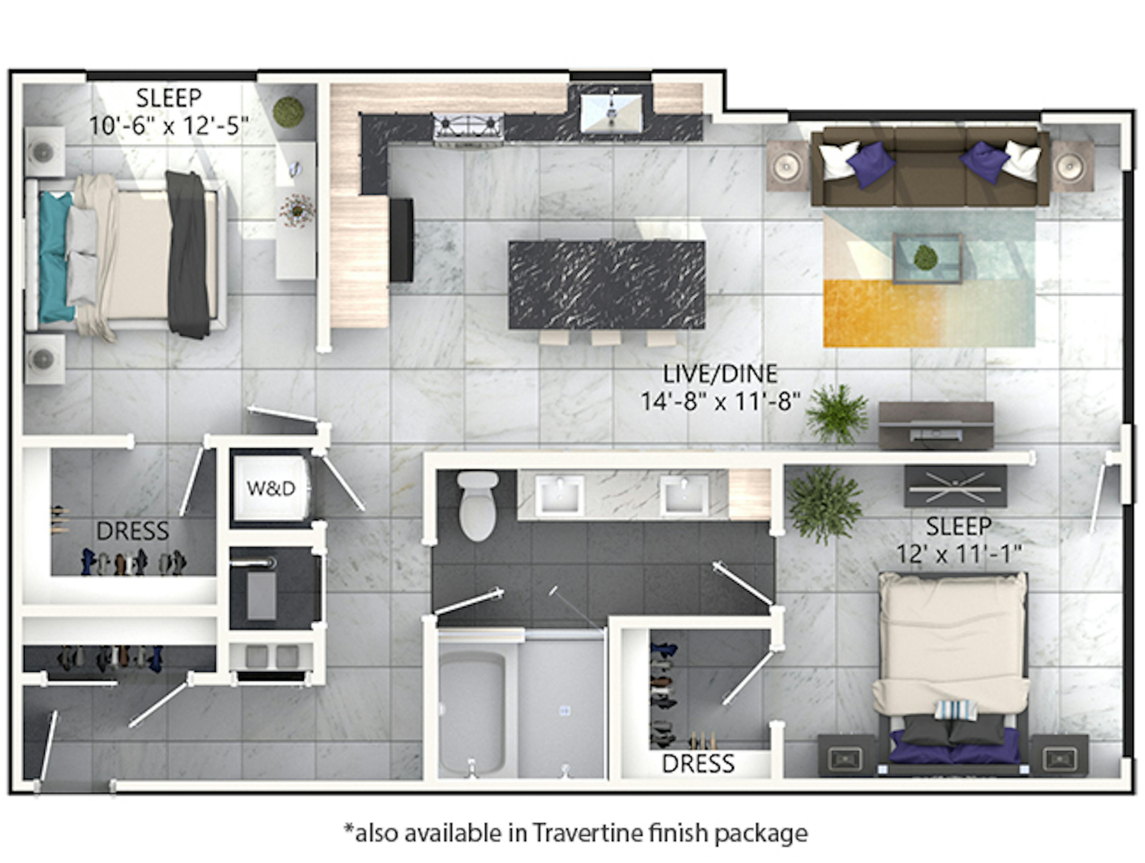 B5 floor plan, 2 Bedroom, 1 Bathroom at AMLI Midtown Miami apartments