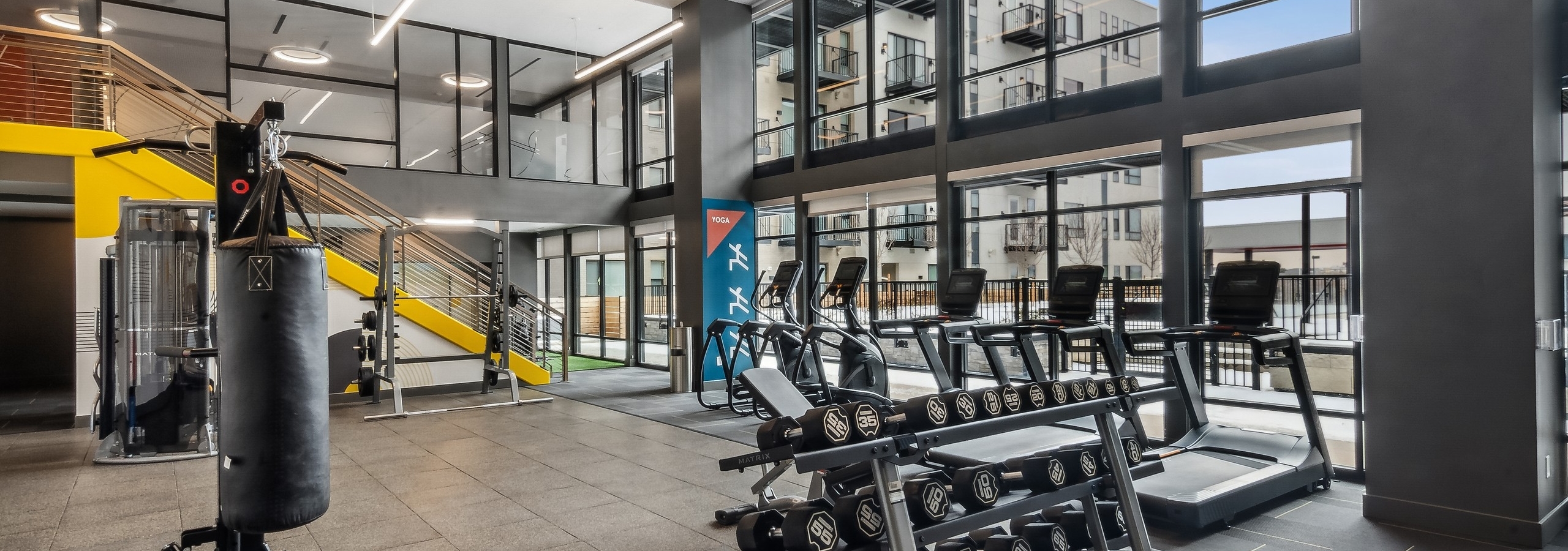 Fitness center at AMLI Broadway Park featuring a regulation punching bag and dumbbell weights and two-story windows