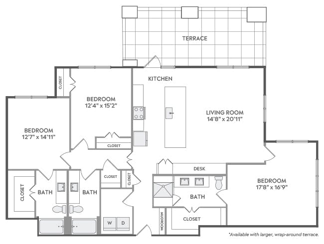 D9 floor plan, 3 Bedroom, 3 Bathroom at AMLI Lakeline apartments