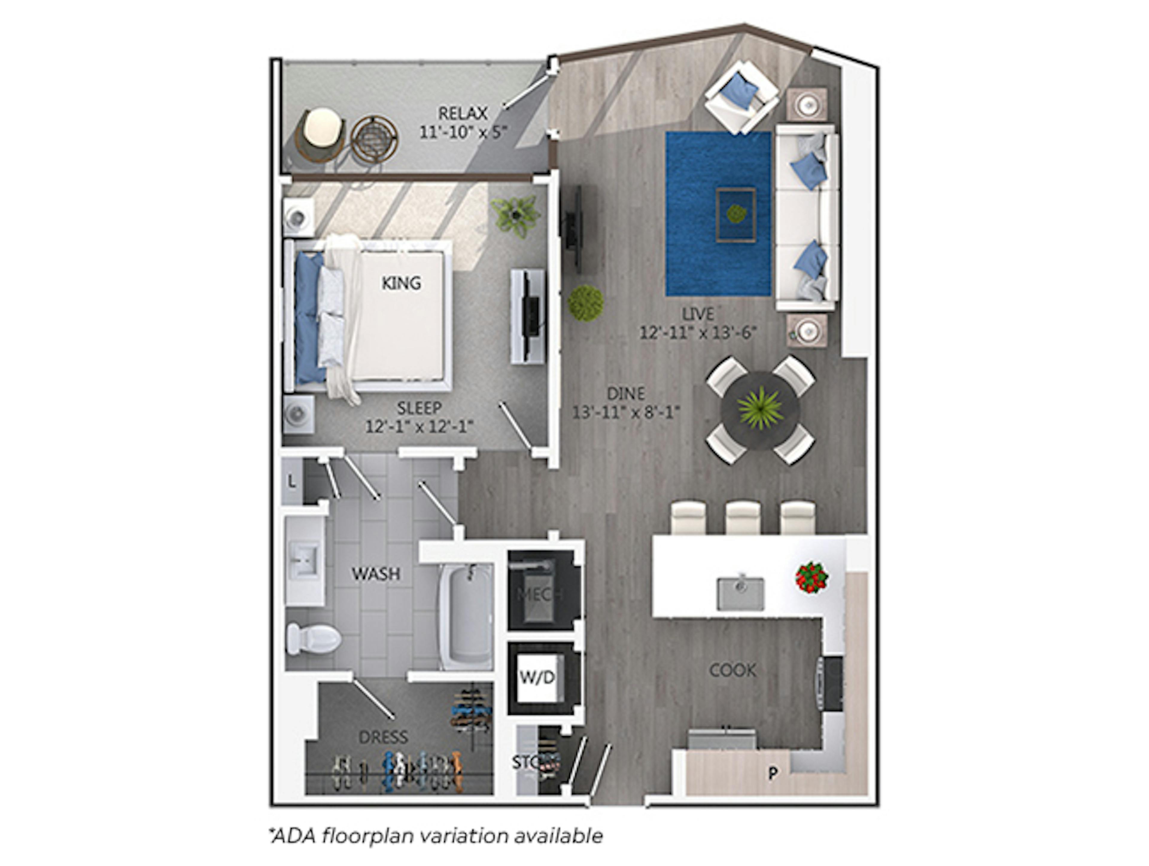 A4b floor plan, 1 Bedroom, 1 Bathroom at AMLI 3464 apartments
