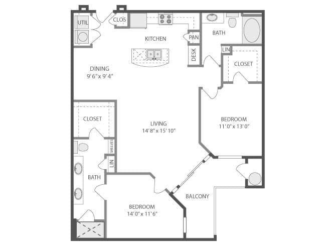 Riverfront floor plan, 2 Bedroom, 2 Bathroom at AMLI Park Avenue apartments