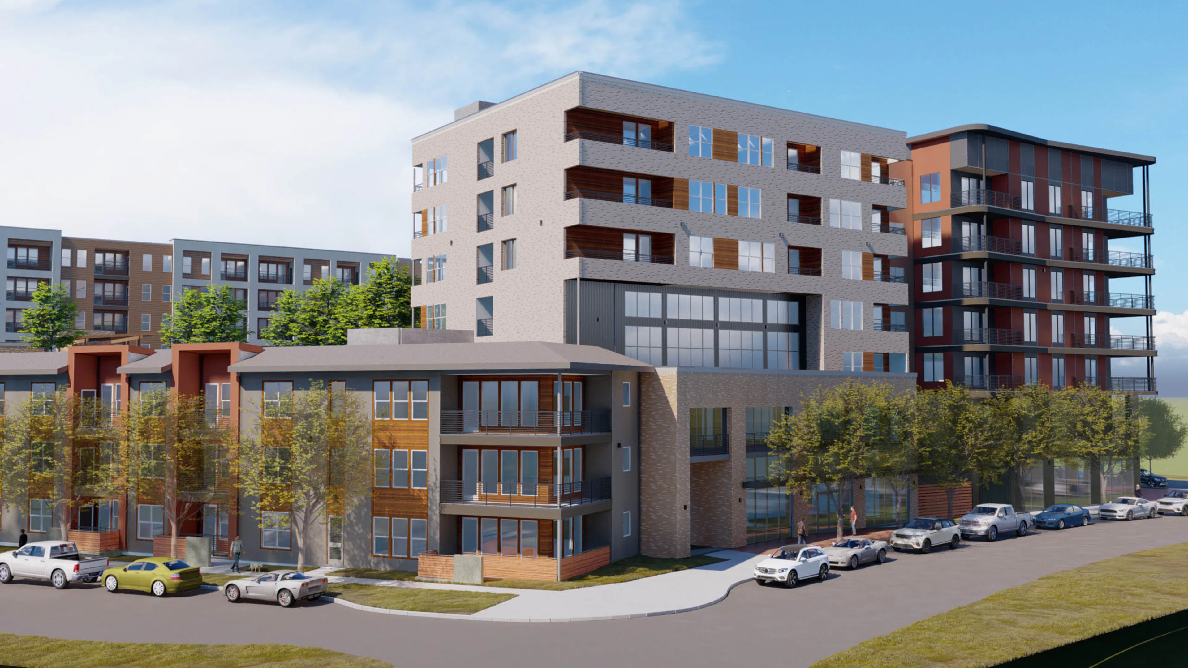 Daytime rendering of AMLI Branch Park apartment community with resident balconies facing a street lined with trees
