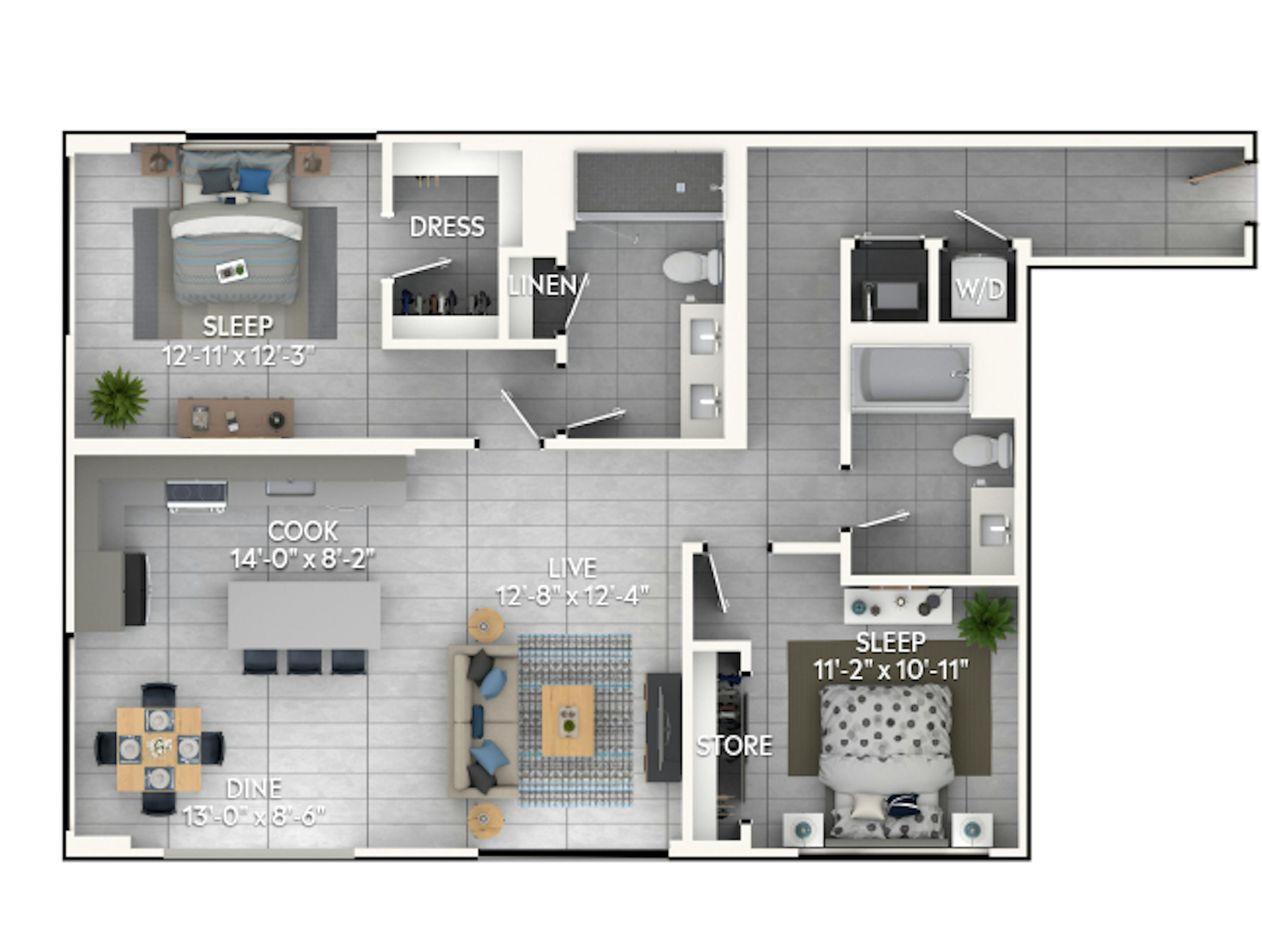 C6 floor plan, 2 Bedroom, 2 Bathroom at AMLI Wynwood apartments