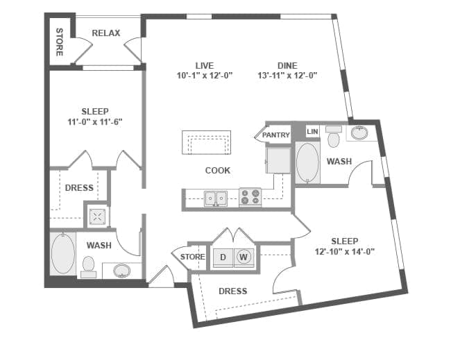 C6b floor plan, 2 Bedroom, 2 Bathroom at AMLI Uptown Orange apartments