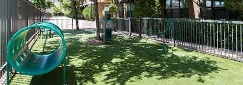 Daytime view of fenced in pet park at AMLI Uptown apartment building with play equipment set on grass with trees