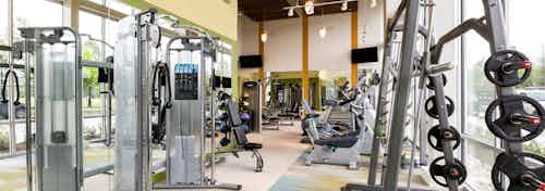 Interior view of fitness center at AMLI at Mueller featuring a variety of weight machines and floor to ceiling windows