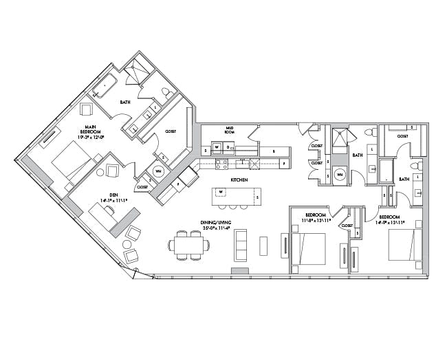 D16-D floor plan, 3 Bedroom, 2 Bathroom at AMLI Fountain Place apartments