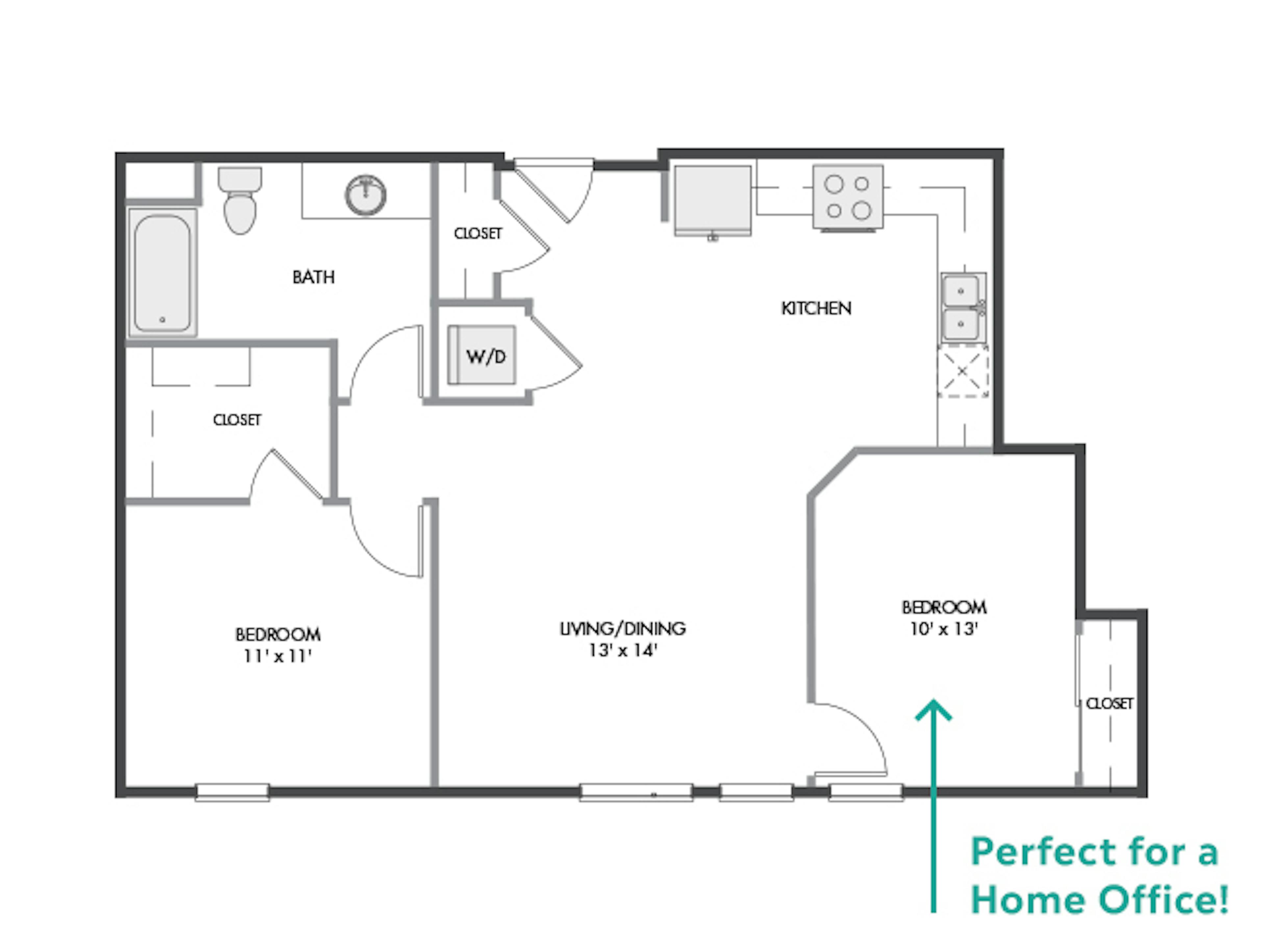B4b floor plan, 2 Bedroom, 1 Bathroom, 2nd BR/Home Office at AMLI Spring District apartments
