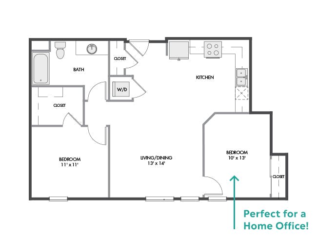 B4b floor plan, 2 Bedroom, 1 Bathroom, 2nd BR/Home Office at AMLI Spring District apartments