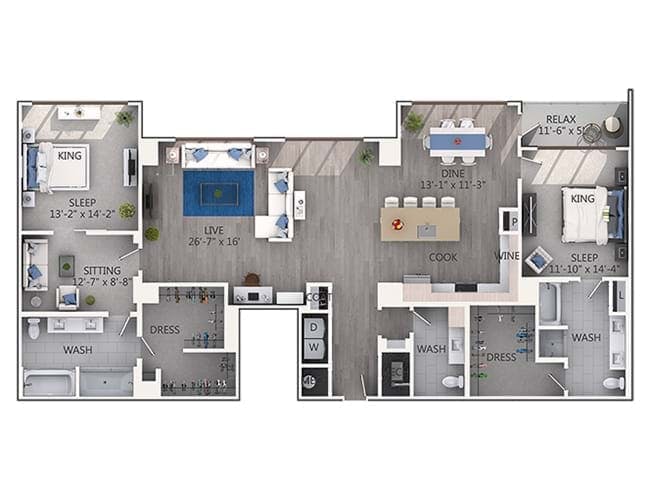 C14P floor plan, 2 Bedroom, 2.5 Bathroom Penthouse at AMLI 3464 apartments