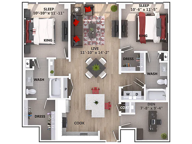 C6D floor plan, 2 Bedroom, 2 Bathroom, Den/Office at AMLI Riverfront Green apartments