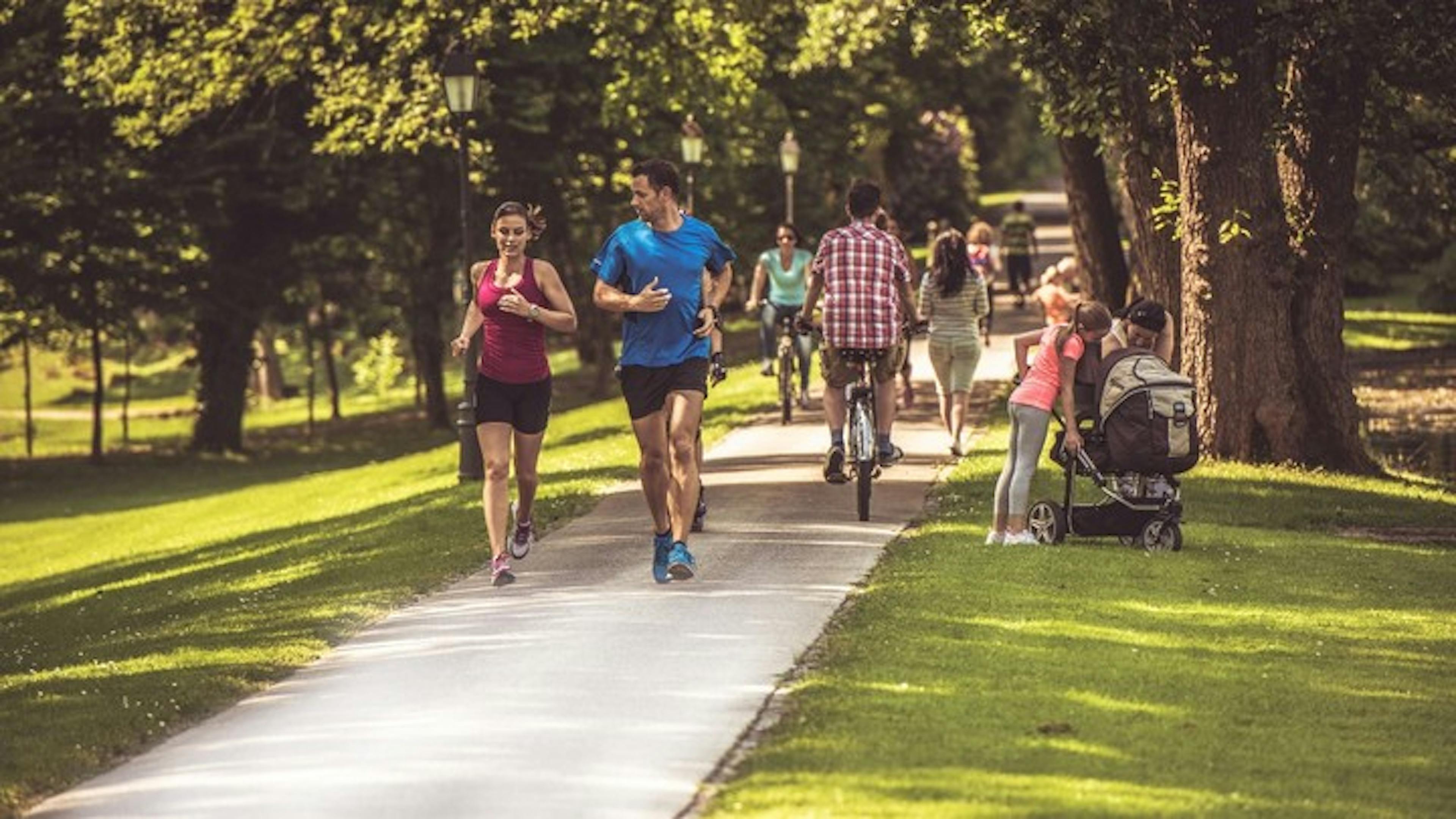 Exterior view of a park with luscious grass and trees boarding concrete walkway with runners and bikers using the path