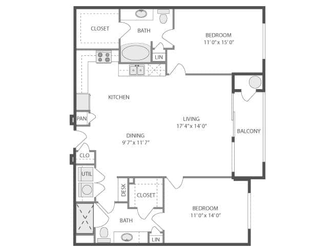 City floor plan, 2 Bedroom, 2 Bathroom at AMLI Park Avenue apartments