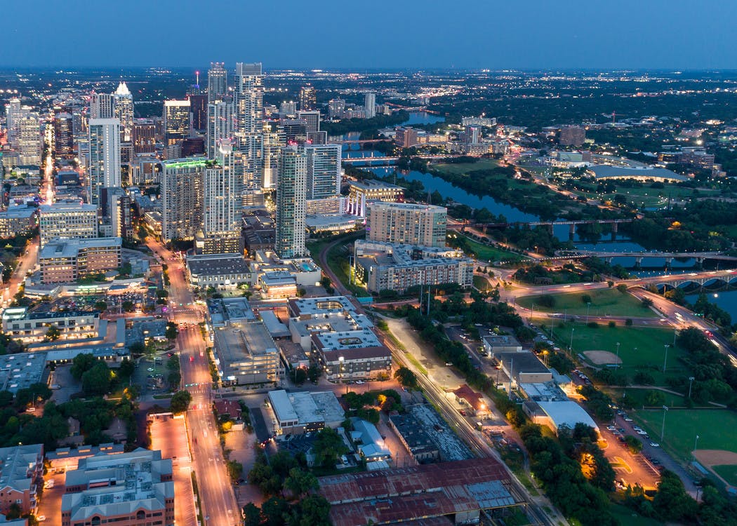 Aerial view of the Austin downtown skyline and river near AMLI 300