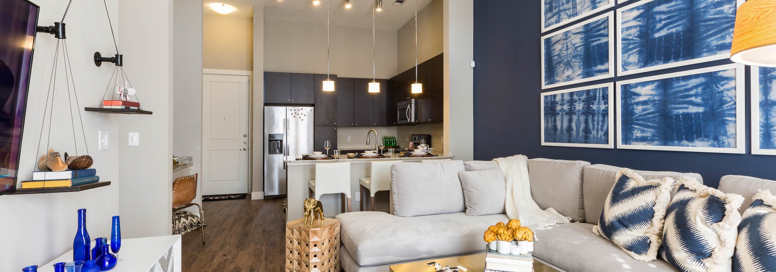 AMLI on Riverside living room with a white couch against a dark blue accent wall with patterned wall art and dark hardwood