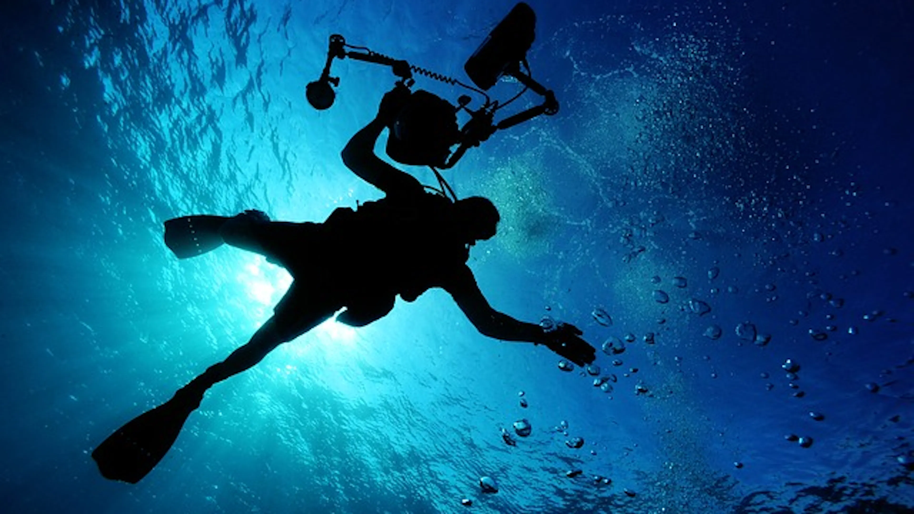 The silhouettes of two scuba divers viewed through the water from below