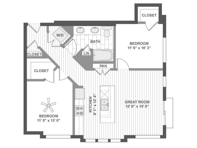 B500 floor plan, 2 Bedroom, 1 Bathroom at AMLI Evanston apartments
