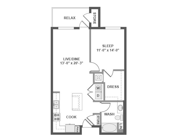A4a floor plan, 1 Bedroom, 1 Bathroom at AMLI Uptown Orange apartments