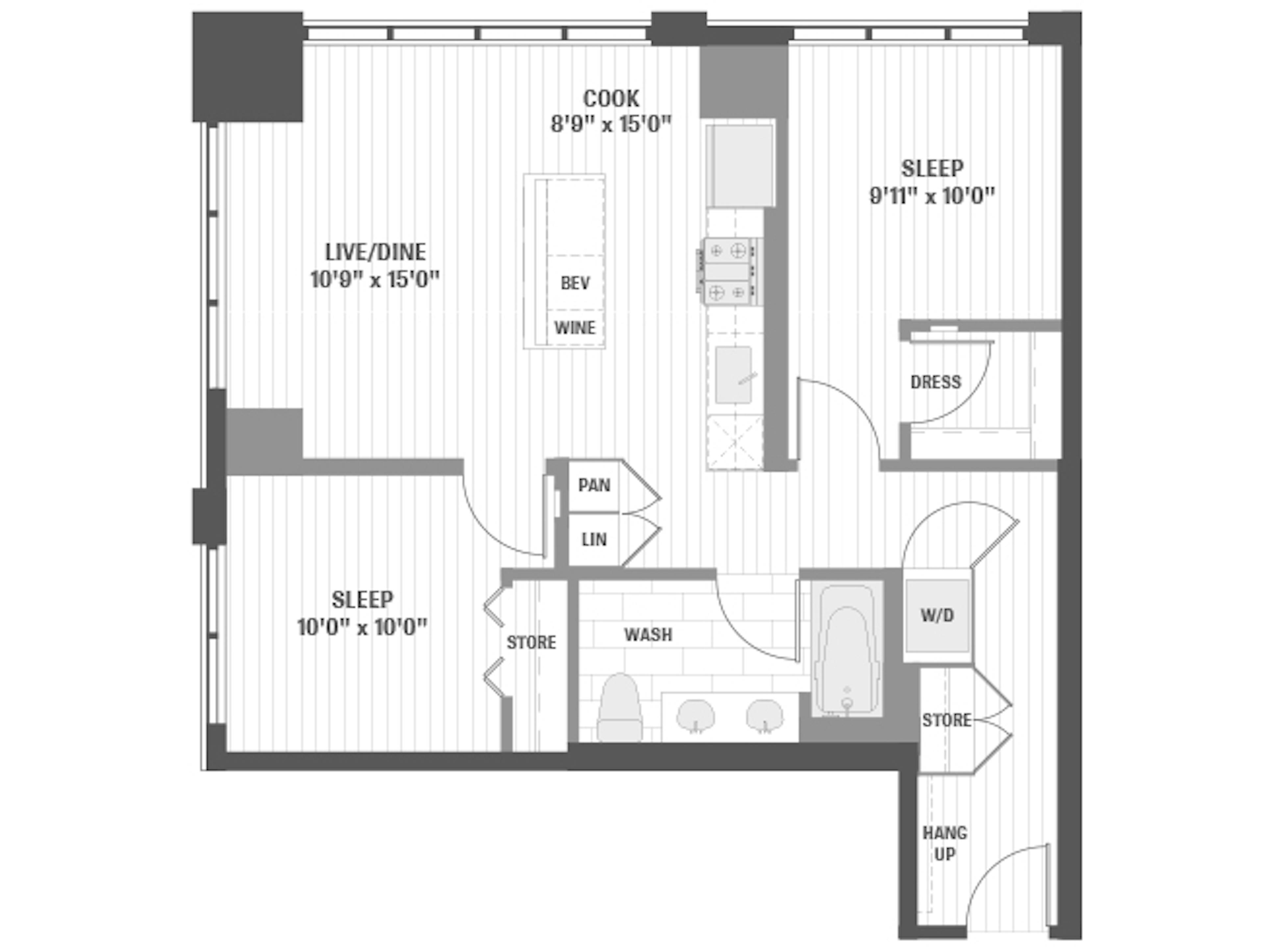 B3a floor plan, 2 Bedroom, 1 Bathroom at AMLI 808 apartments