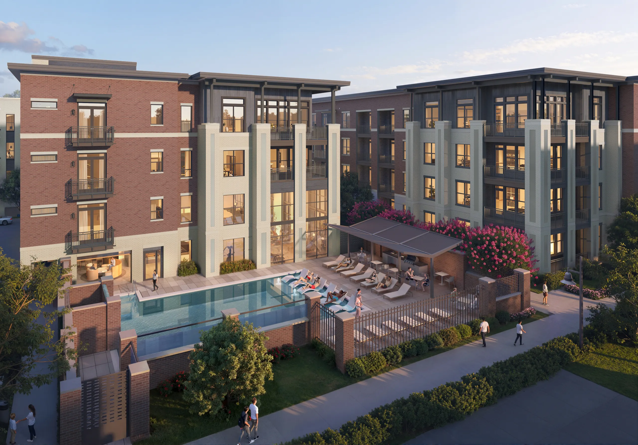 Rendering of view of AMLI Treehouse second pool with lounger chairs and surrounding apartments