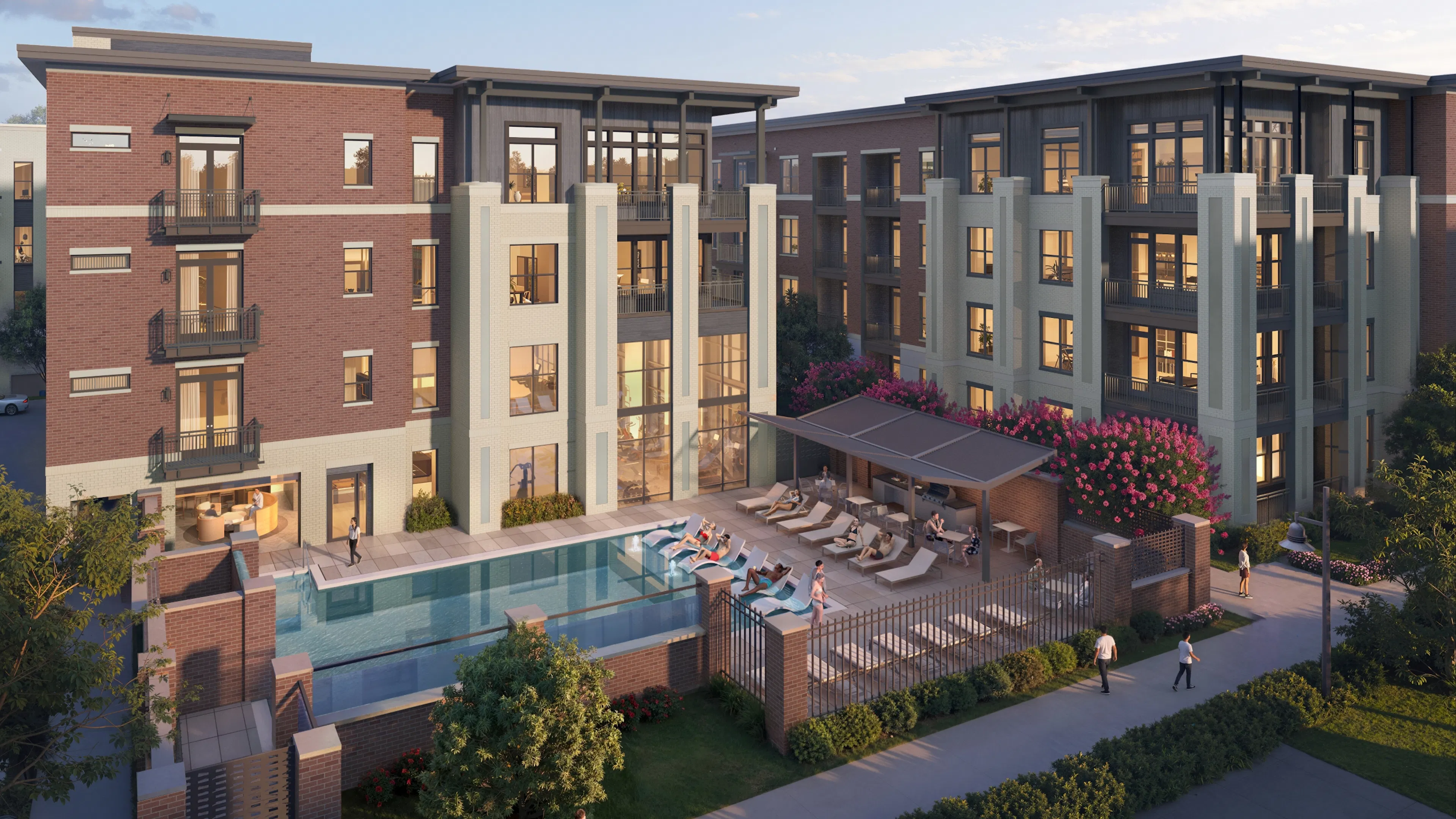 Rendering of view of AMLI Treehouse second pool with lounger chairs and surrounding apartments