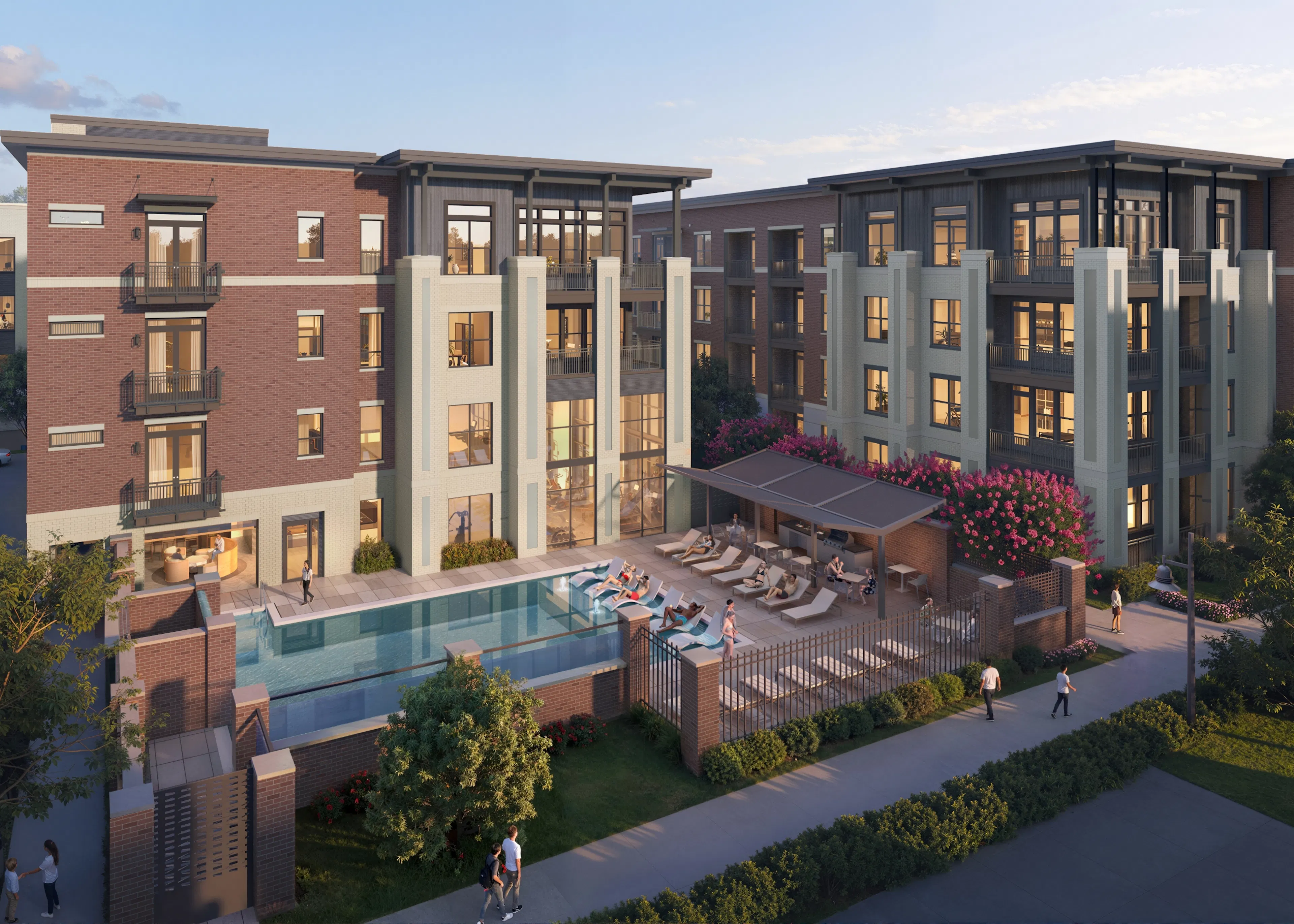 Rendering of view of AMLI Treehouse second pool with lounger chairs and surrounding apartments