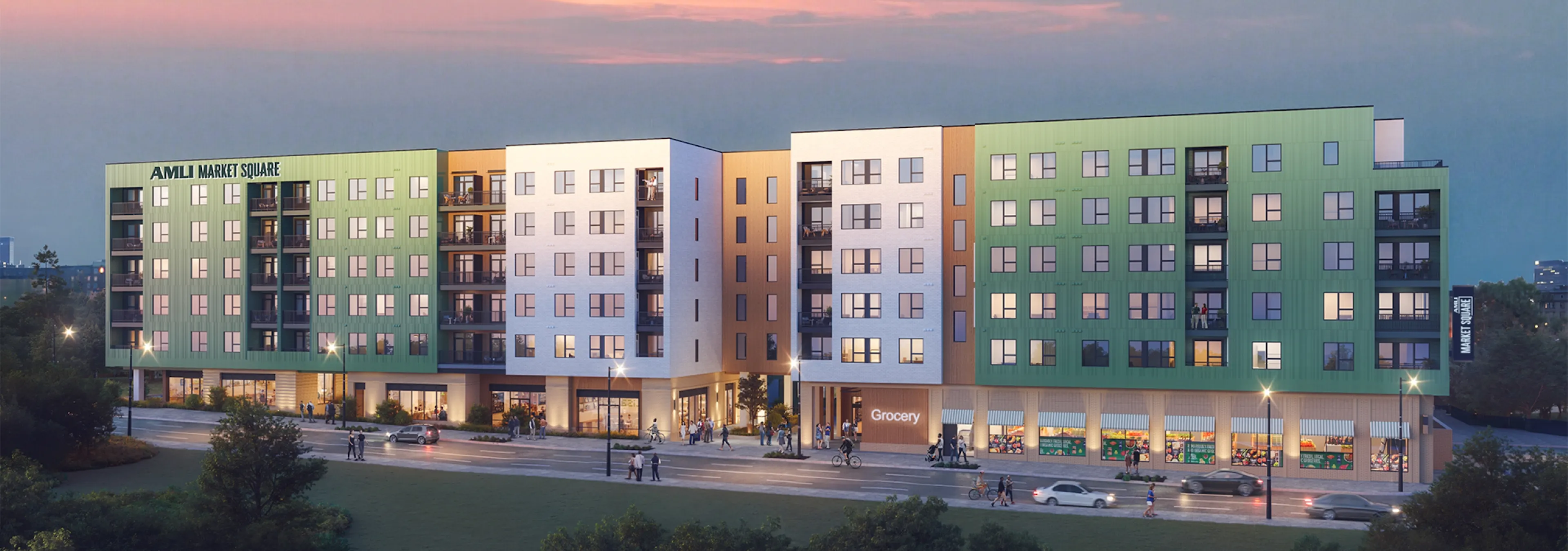 Rendering of AMLI Market Square modern apartment building exterior with ground-floor retail at sunset.

