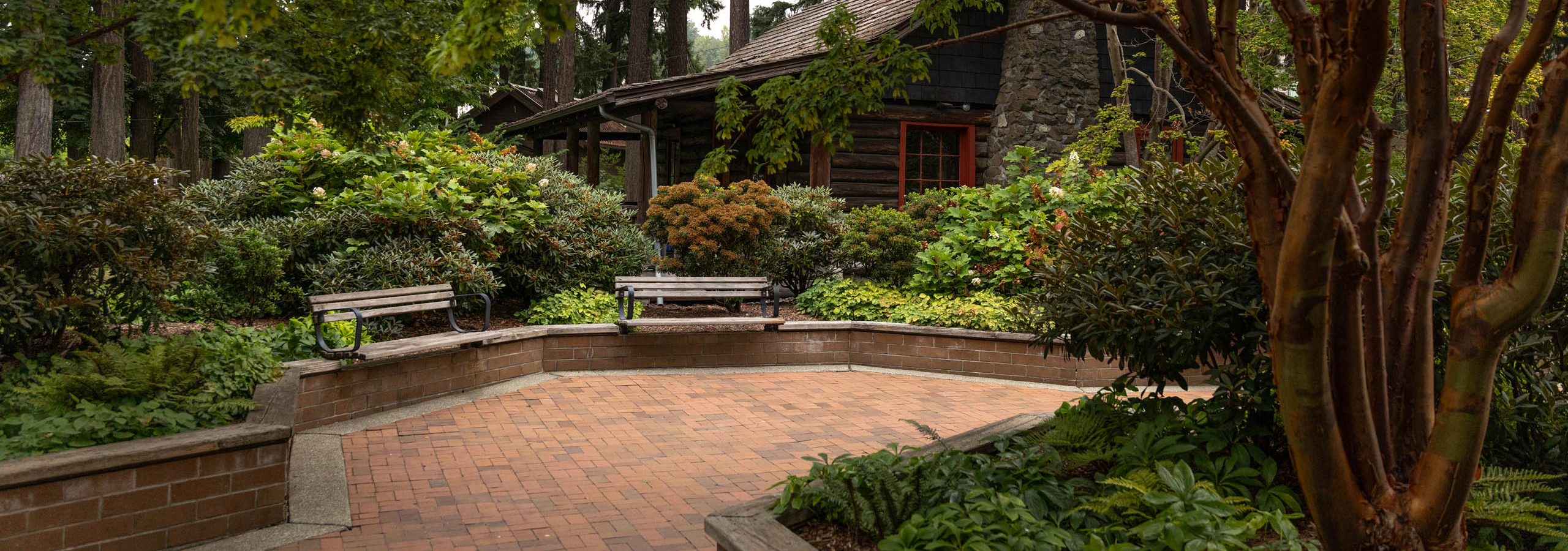 Anderson Park near AMLI Redmond Way, featuring a brick-paved seating area with benches, lush landscaping, and a log cabin nestled among tall trees.