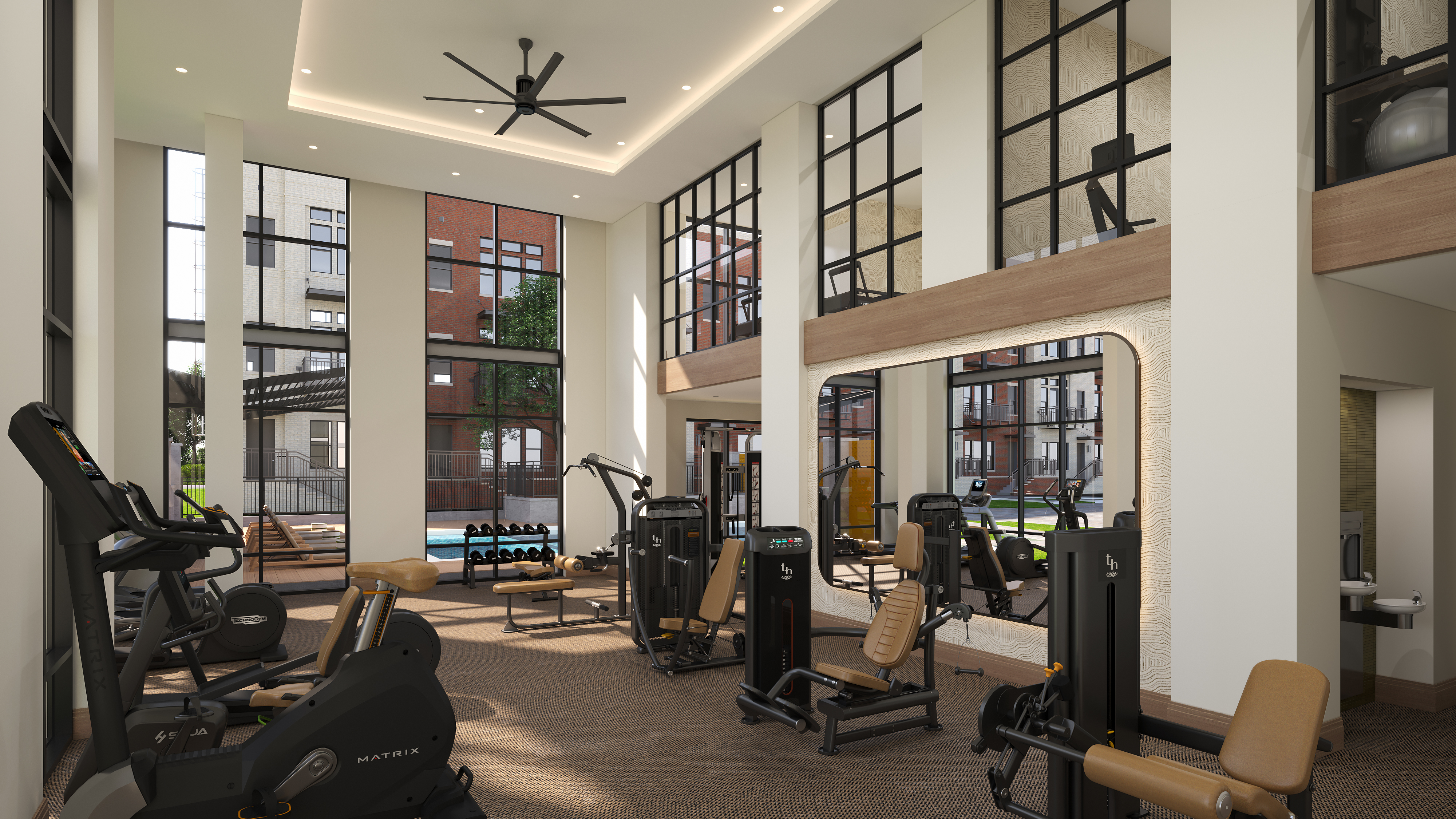 Rendering of fitness center at AMLI Treehouse with large windows and strength training machines