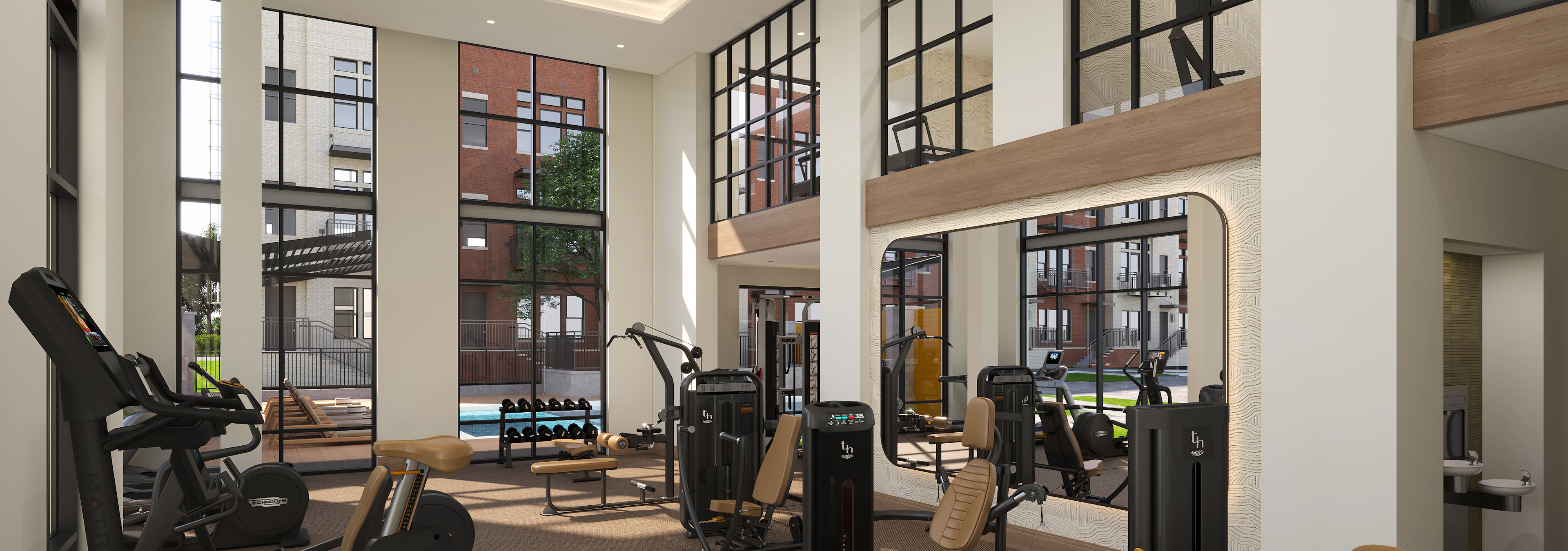 Rendering of fitness center at AMLI Treehouse with large windows and strength training machines