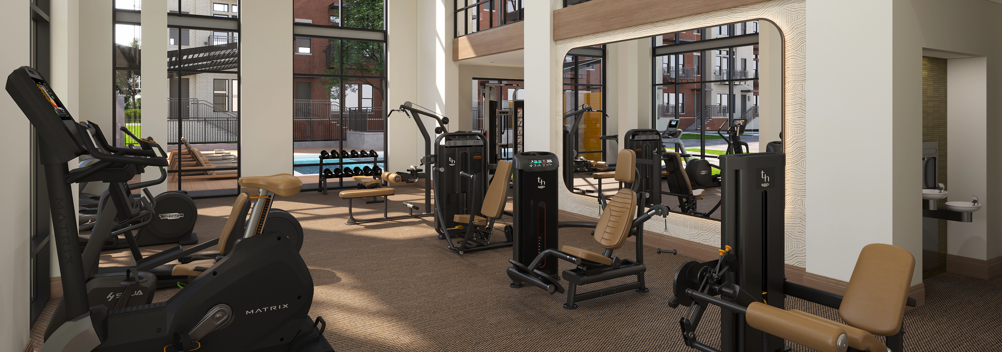 Rendering of fitness center at AMLI Treehouse with large windows and strength training machines