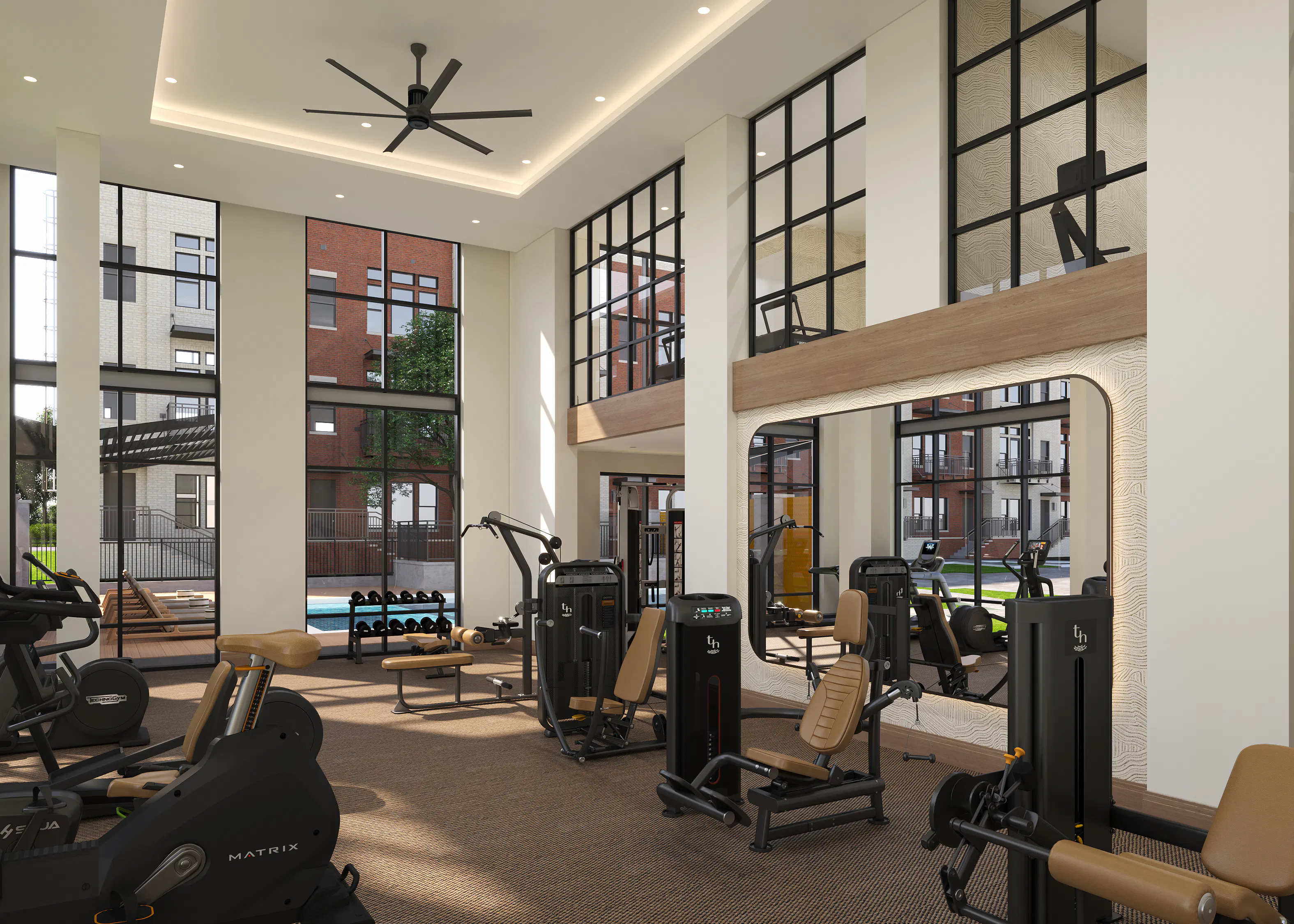 Rendering of fitness center at AMLI Treehouse with large windows and strength training machines