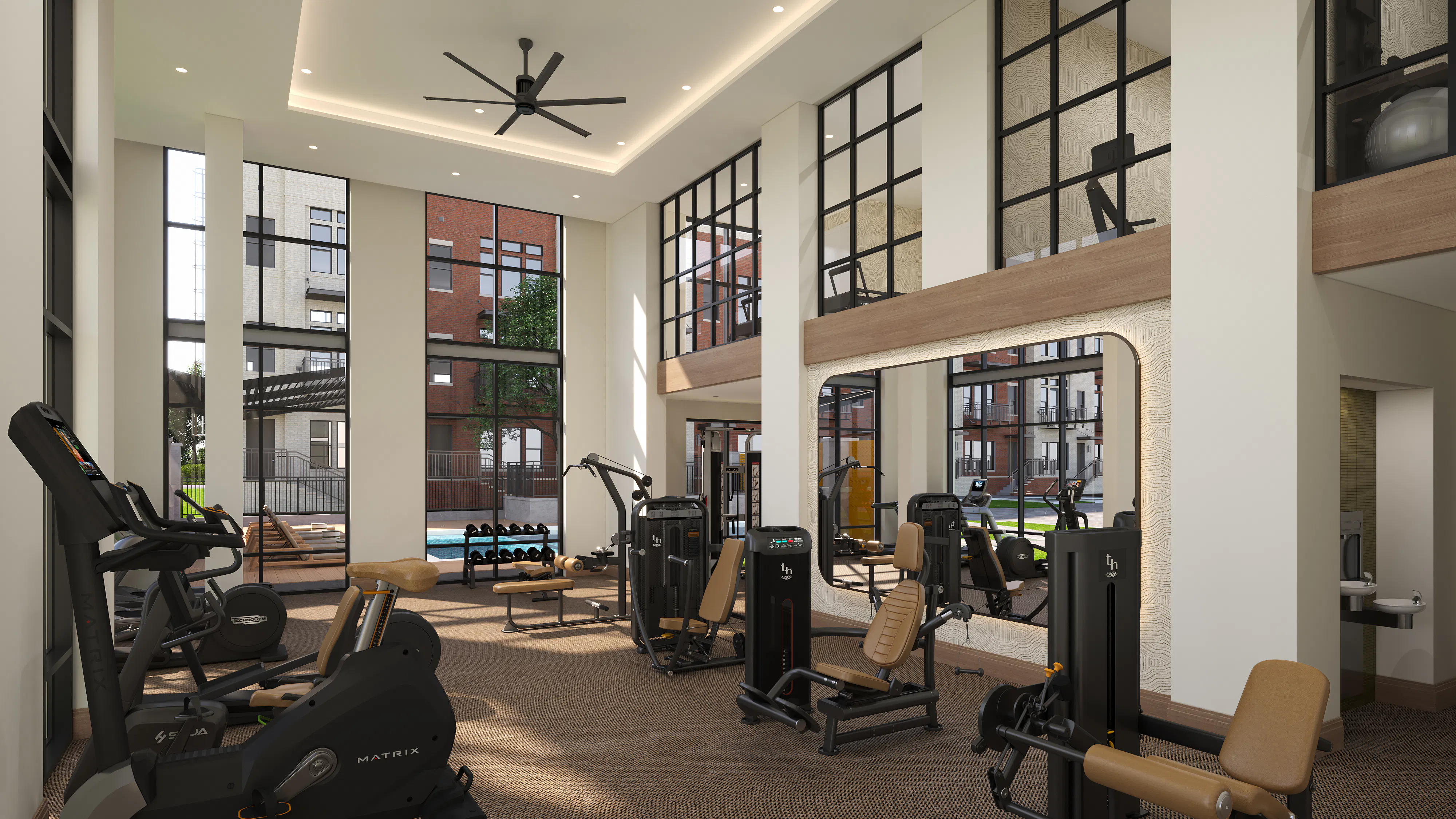 Rendering of fitness center at AMLI Treehouse with large windows and strength training machines