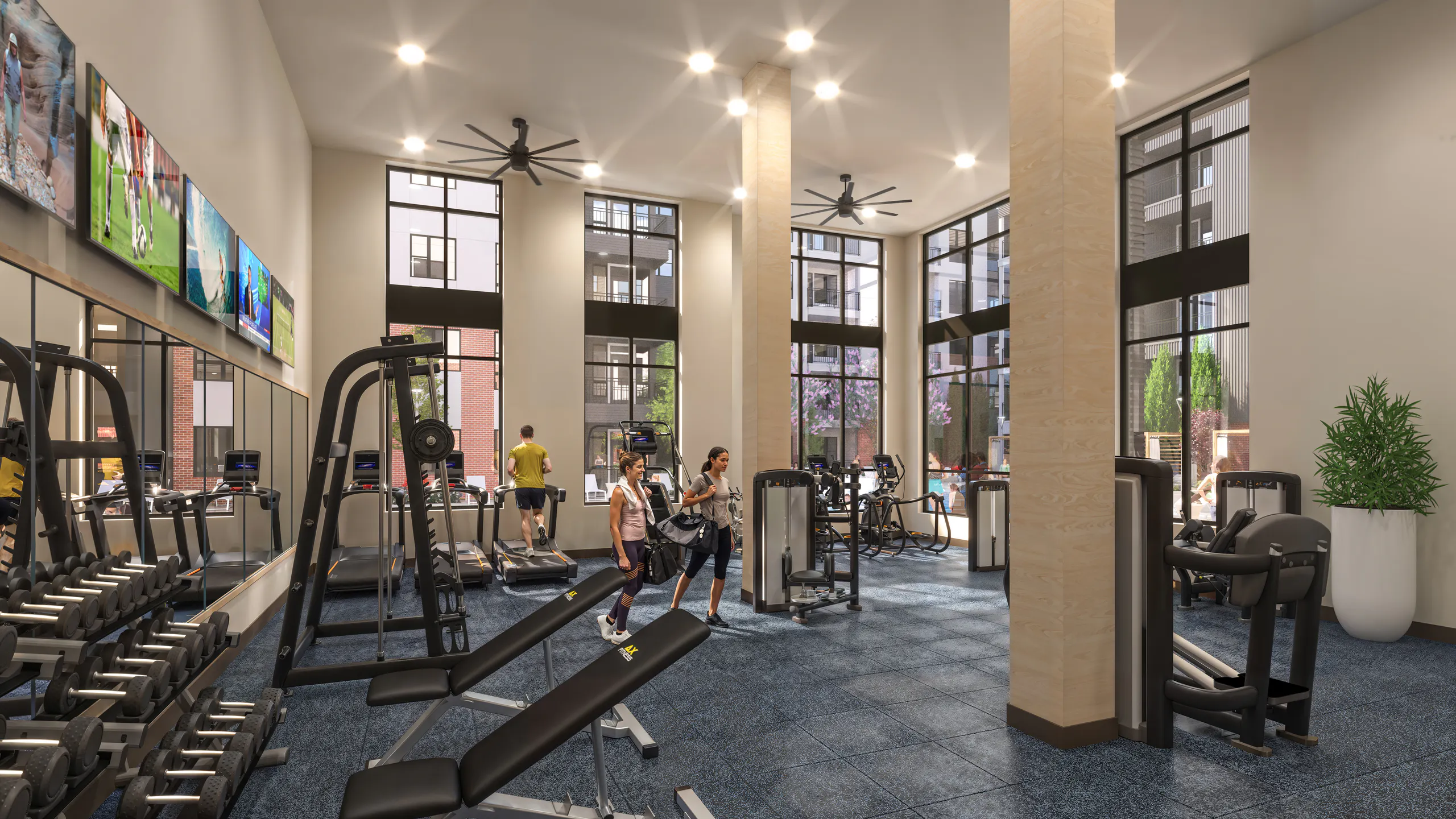 Rendering of AMLI Village Park fitness center equipped with cardio machines, weightlifting equipment, and large sunlit windows.