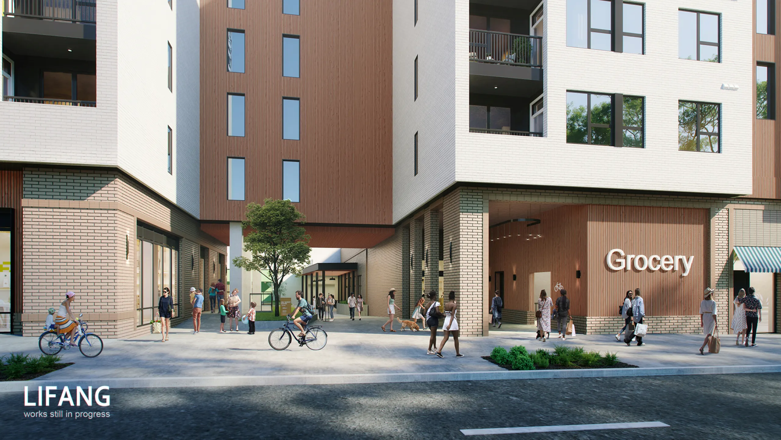 rendering of AMLI Market Square apartments street level with ground-floor grocery entrance and pedestrians.