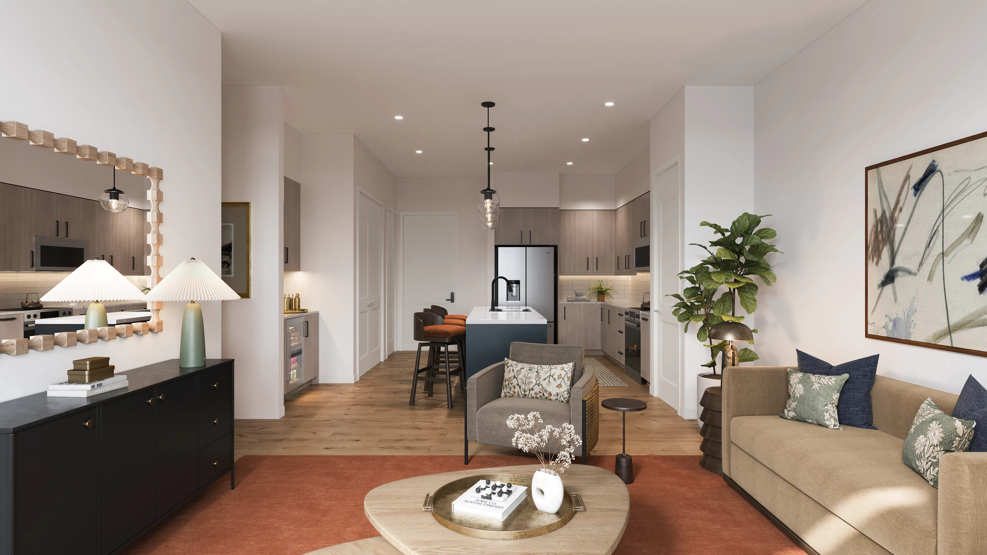 Rendering of living room and kitchen at AMLI Treehouse with earth tone colors,  couch with coffee table, and island kitchen 