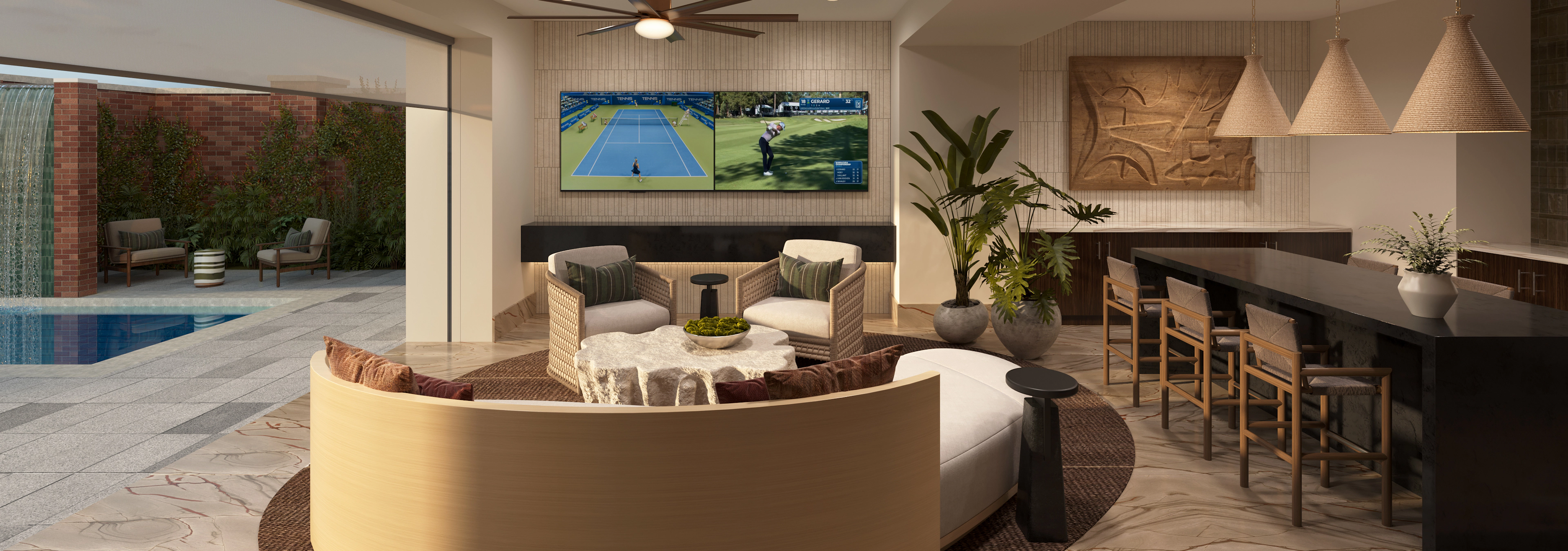 AMLI Treehouse poolside lounge with plush seating, flat-screen TVs, a bar area, and an open wall leading to an outdoor swimming pool.