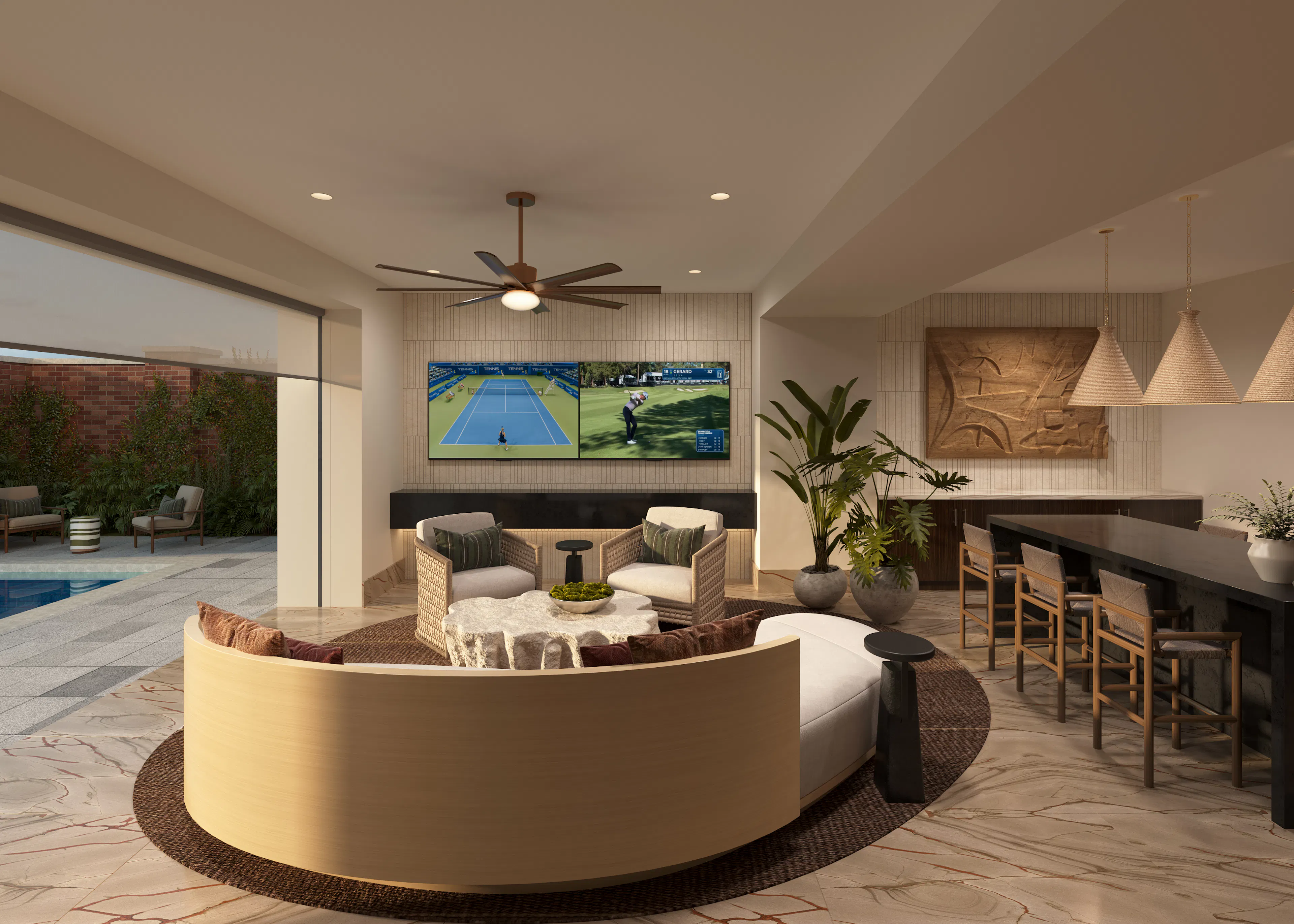 AMLI Treehouse poolside lounge with plush seating, flat-screen TVs, a bar area, and an open wall leading to an outdoor swimming pool.
