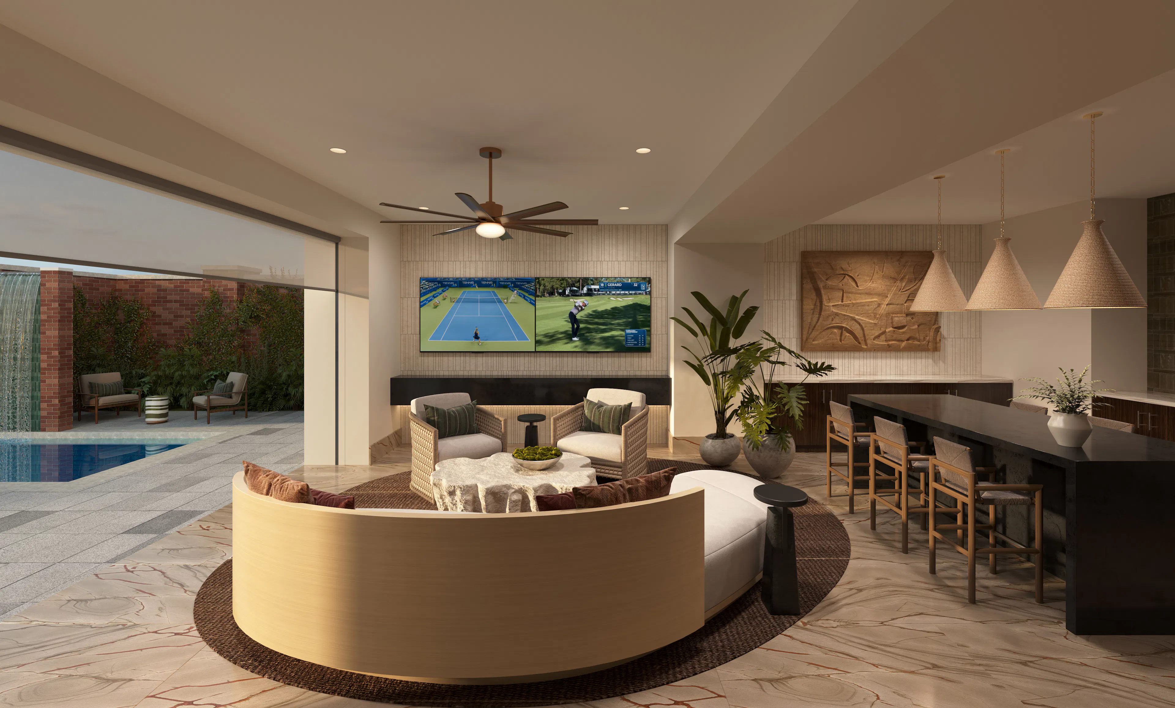 AMLI Treehouse poolside lounge with plush seating, flat-screen TVs, a bar area, and an open wall leading to an outdoor swimming pool.