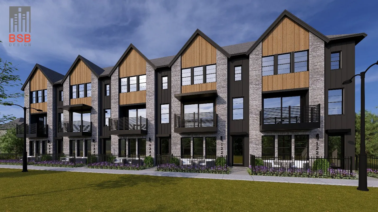 A rendering of a row of 5 townhomes designed with gray brick and dark wood exteriors that are 3 storeys tall
