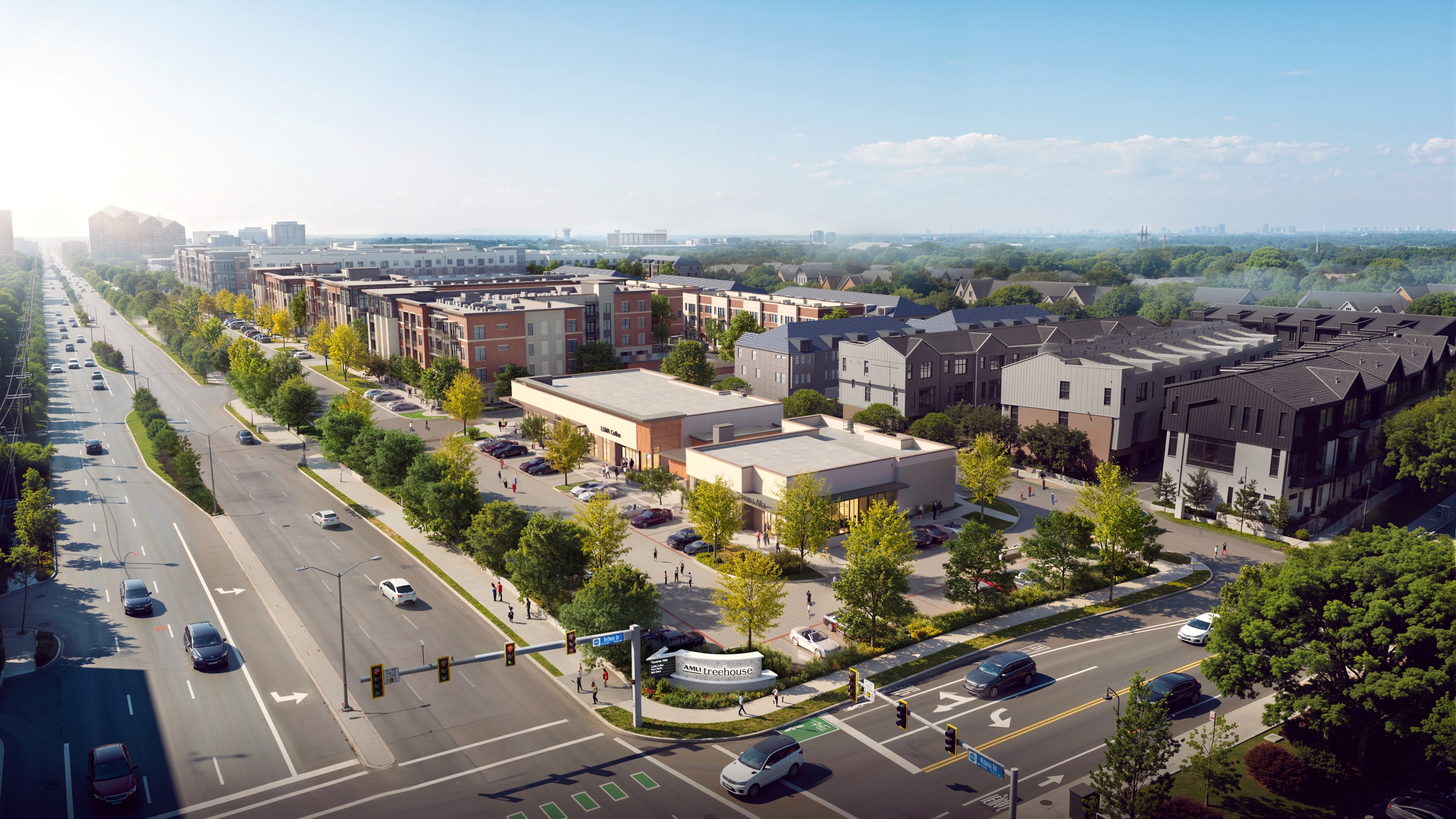 Rendering of view of AMLI Treehouse apartments and retail at a busy intersection