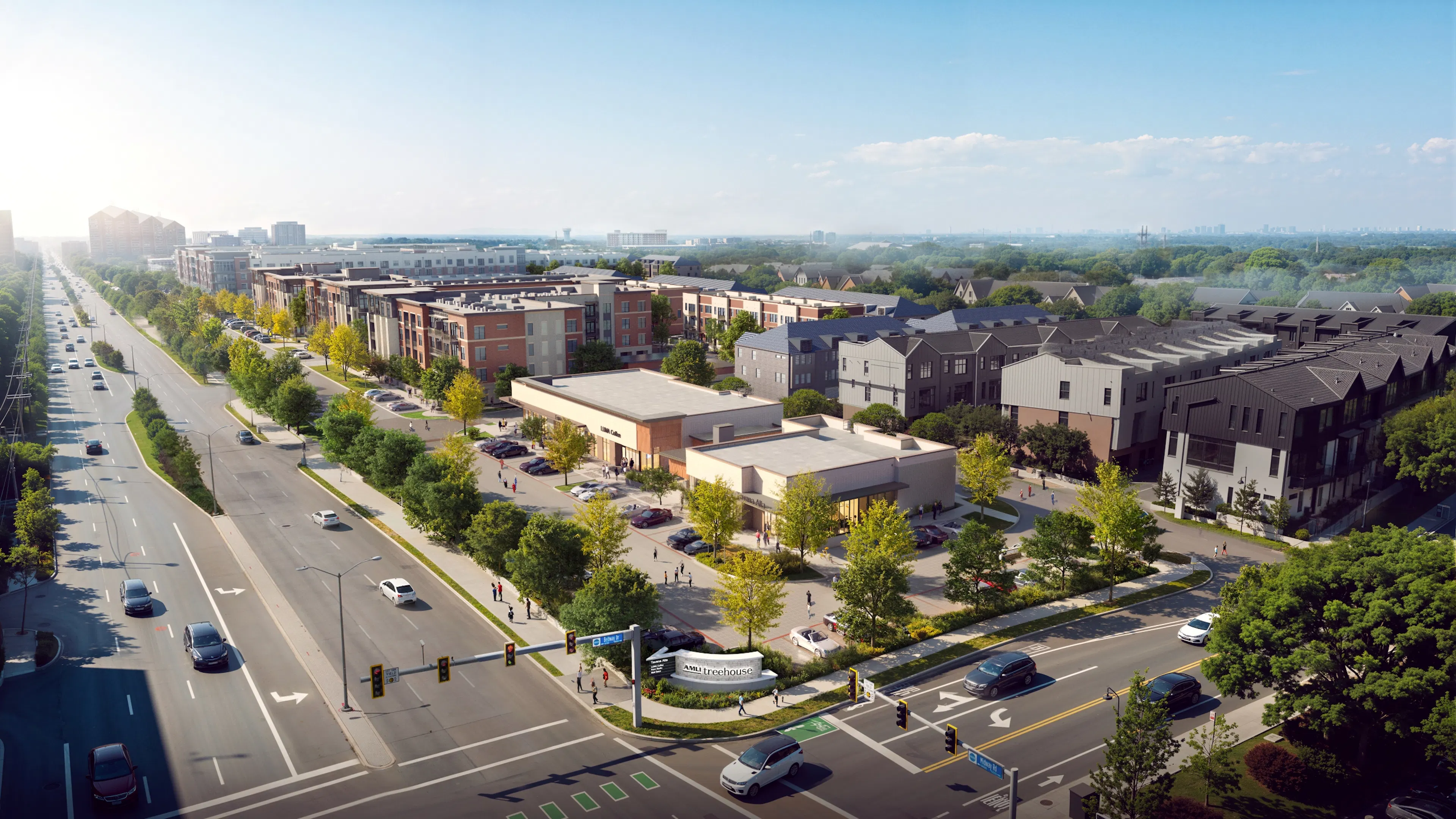 Rendering of view of AMLI Treehouse apartments and retail at a busy intersection
