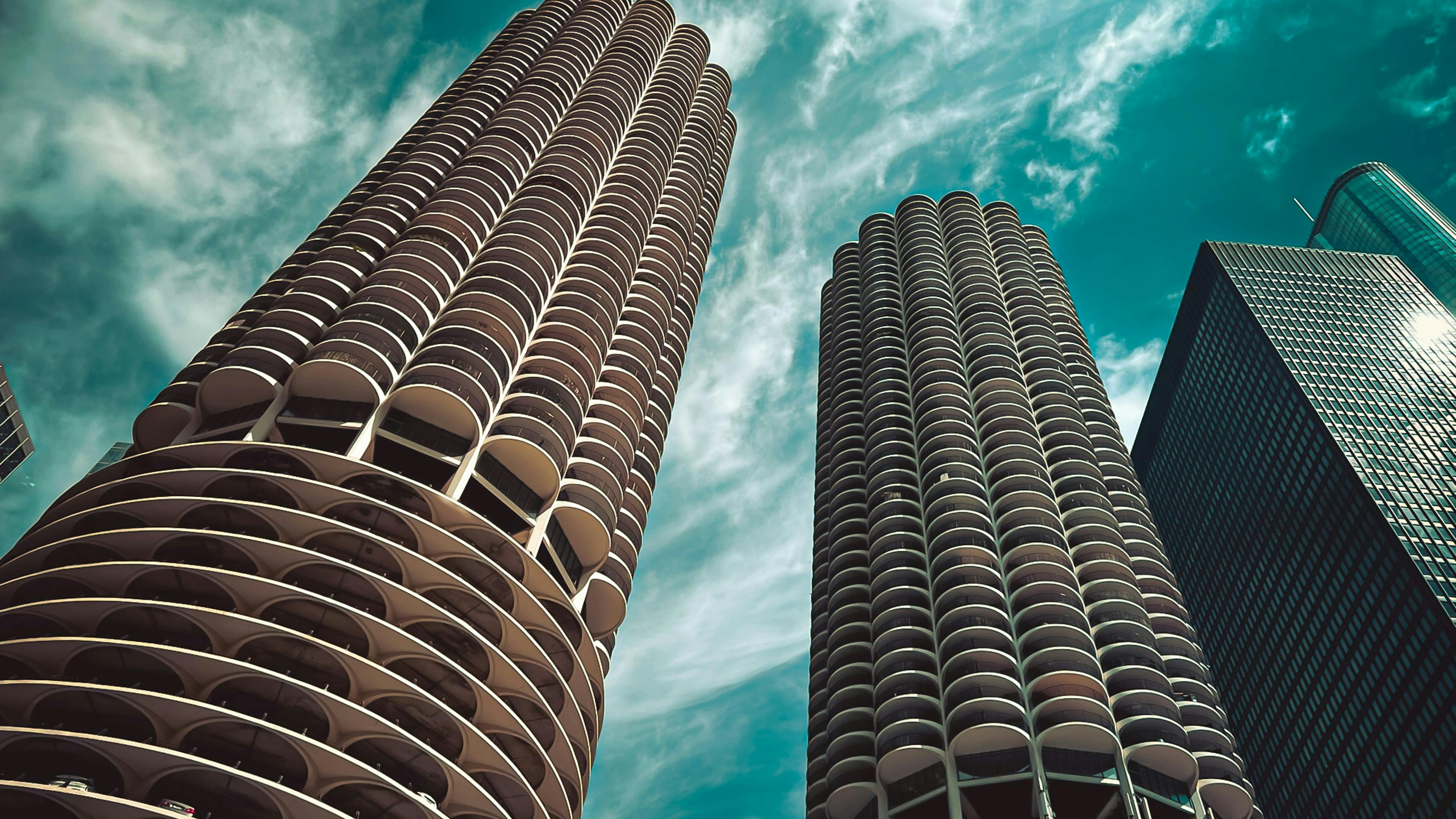 A street level view of the Marina City Towers in Chicago