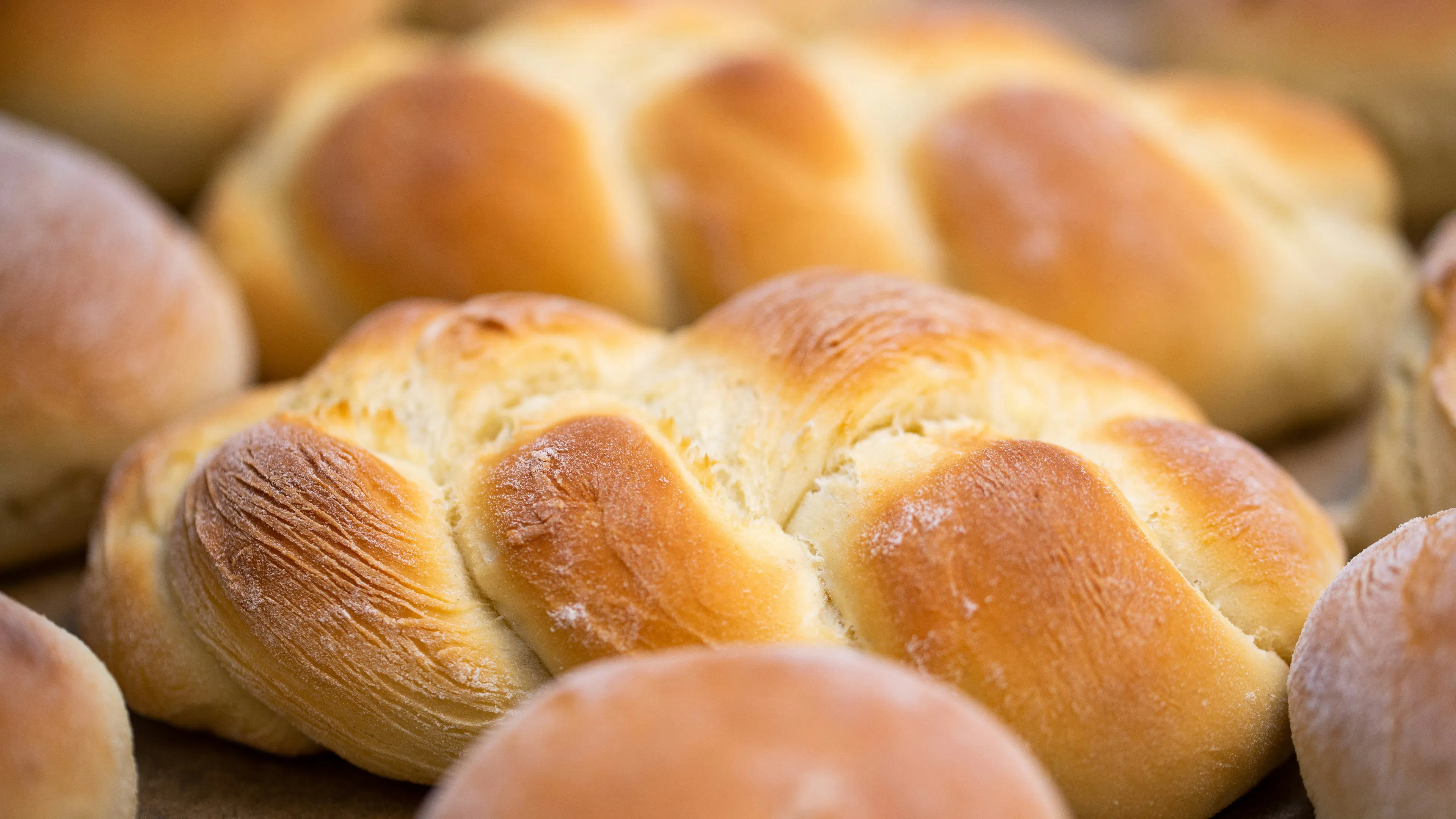A close up of freshly baked challah breads