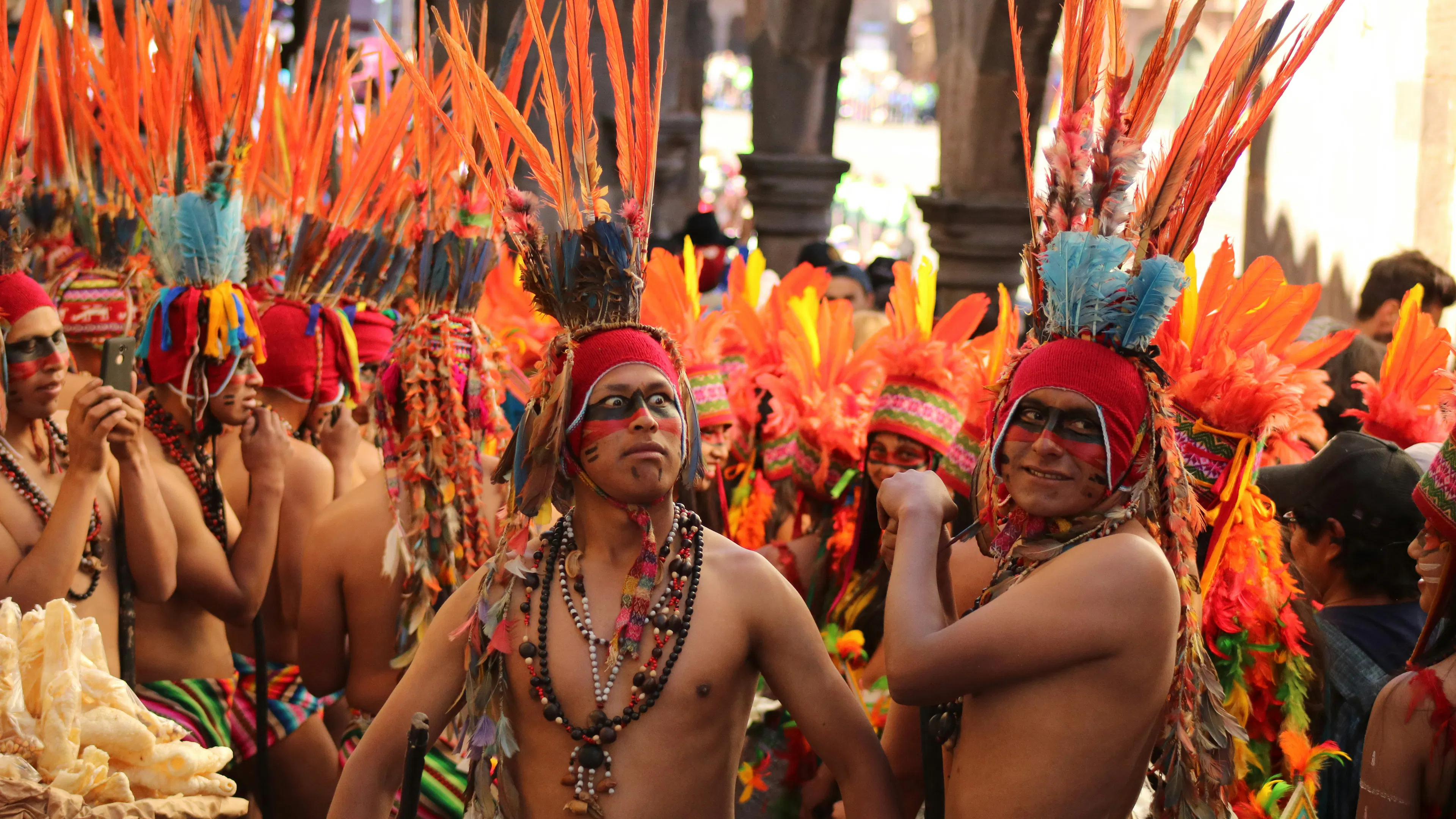 Two traditional Peruvian performers in an Inti Raymi parade