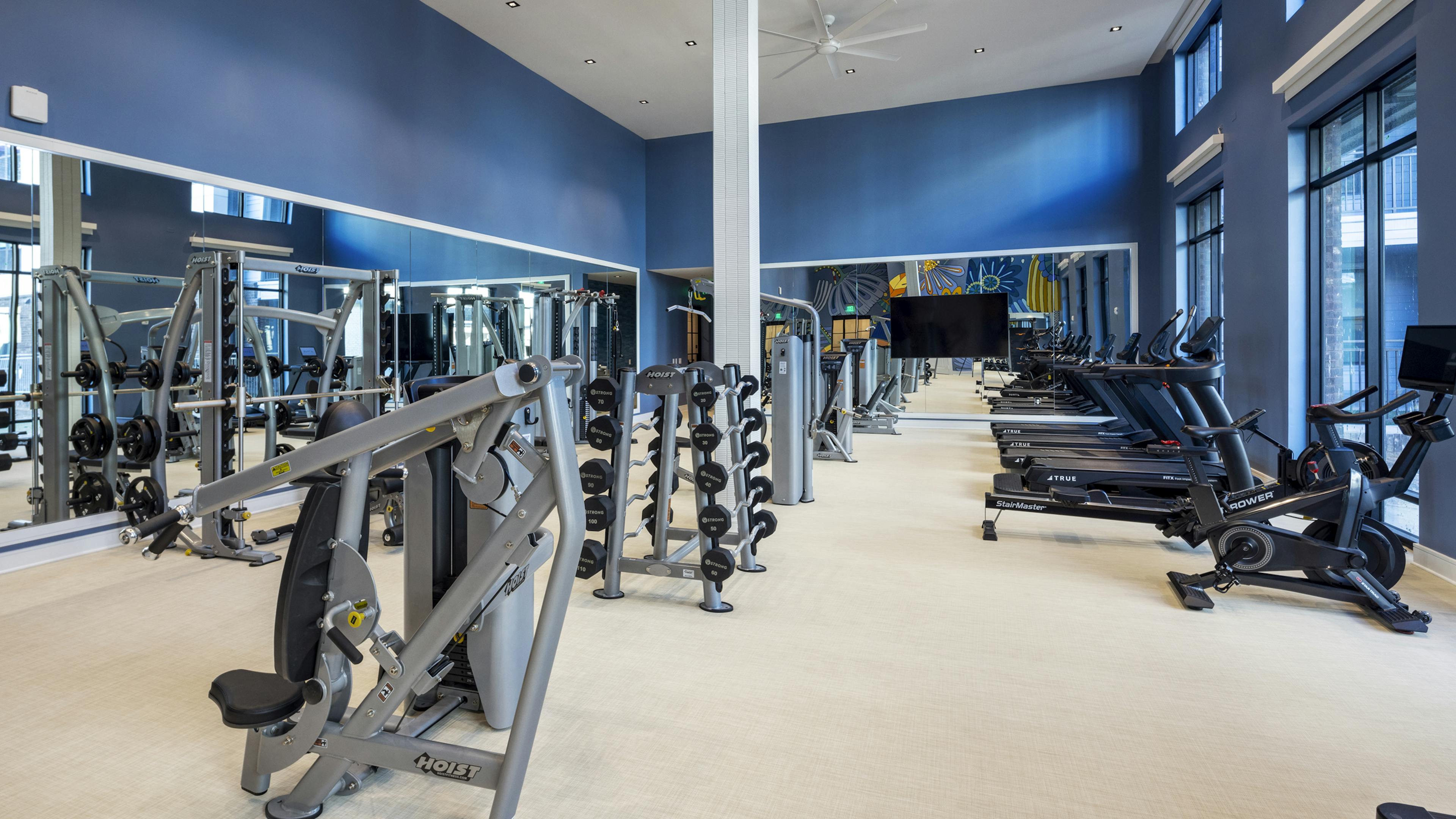 Fitness center at AMLI North Park with cardio machines, weightlifting equipment, full-length mirrors, and large windows for natural light