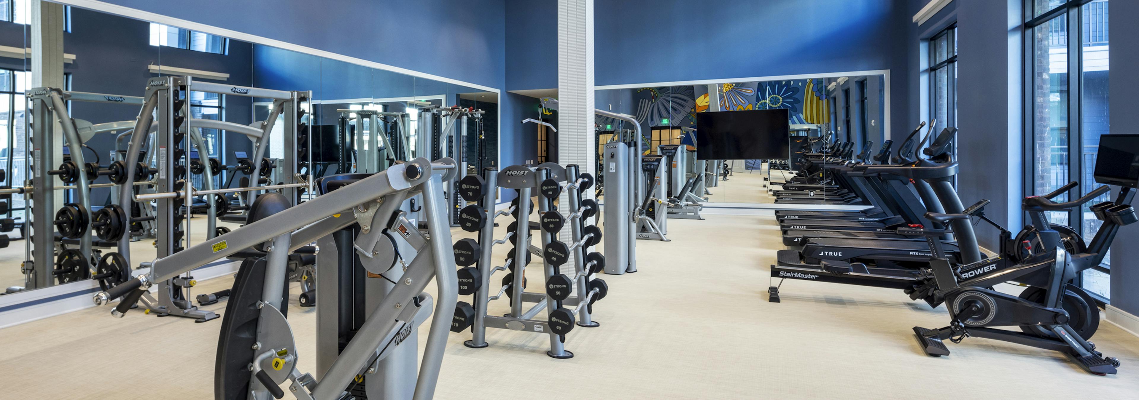Fitness center at AMLI North Park with cardio machines, weightlifting equipment, full-length mirrors, and large windows for natural light
