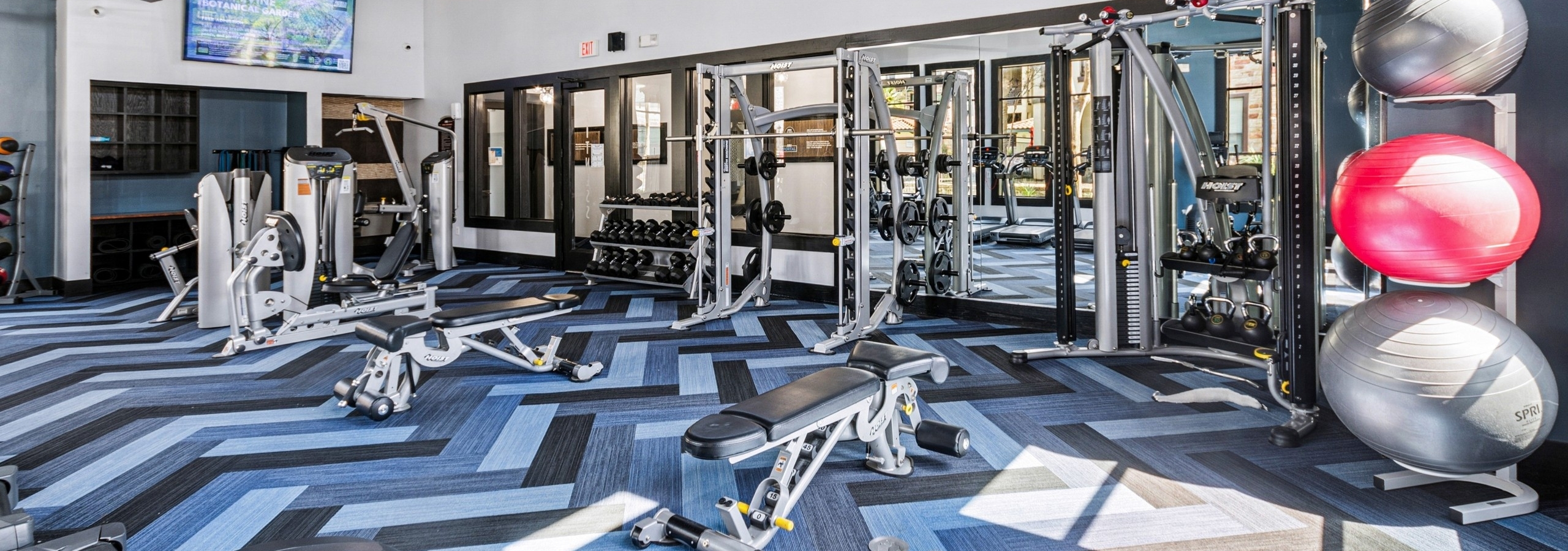AMLI at Escena fitness center with weight machines, dumbbells and exercise balls on geometric pattern floor and wall of mirrors
