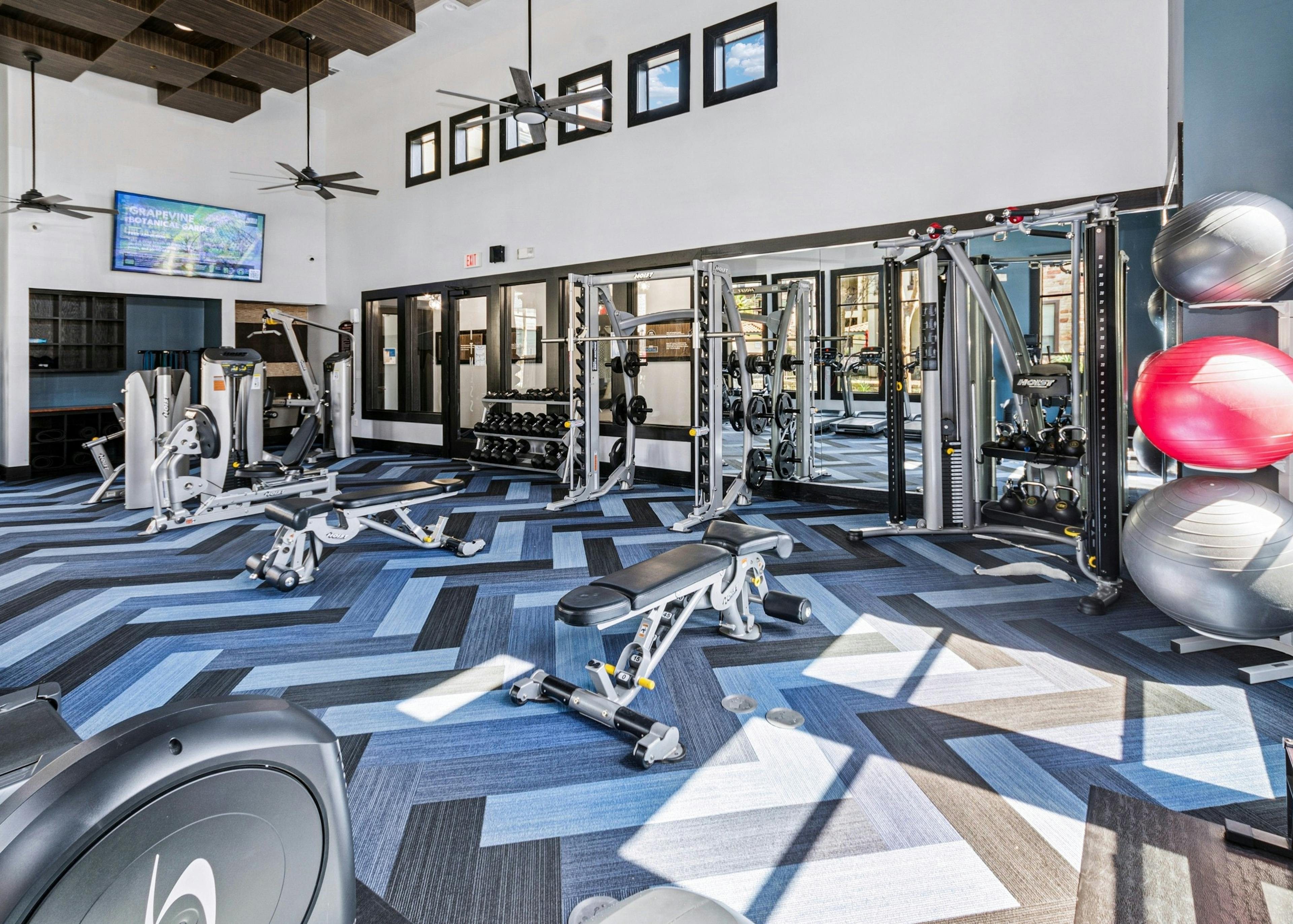 AMLI at Escena fitness center with weight machines, dumbbells and exercise balls on geometric pattern floor and wall of mirrors